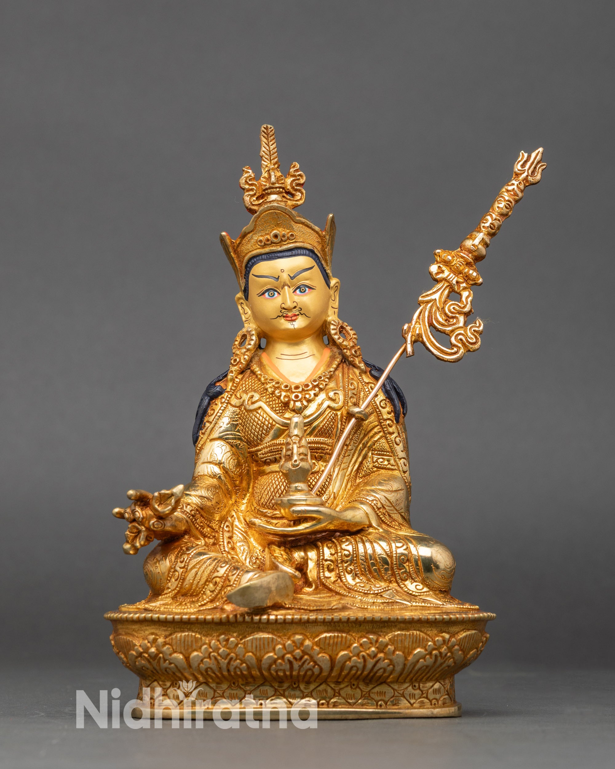Guru Rinpoche statue, handcrafted Nepalese copper sculpture, gold fire-gilded for altar