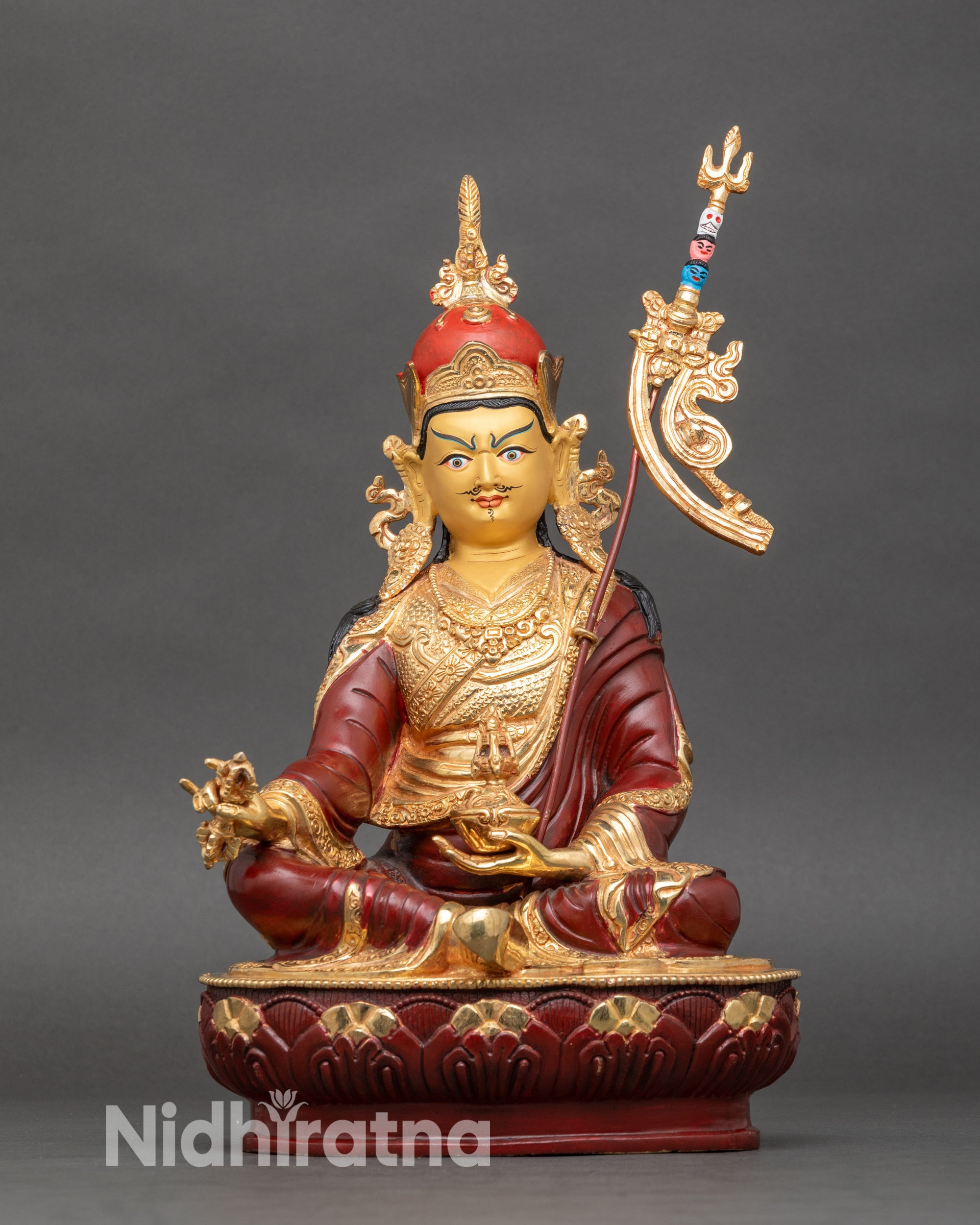 Guru Rinpoche statue handcrafted in Nepal, copper with 24K gold-painted face on lotus pedestal