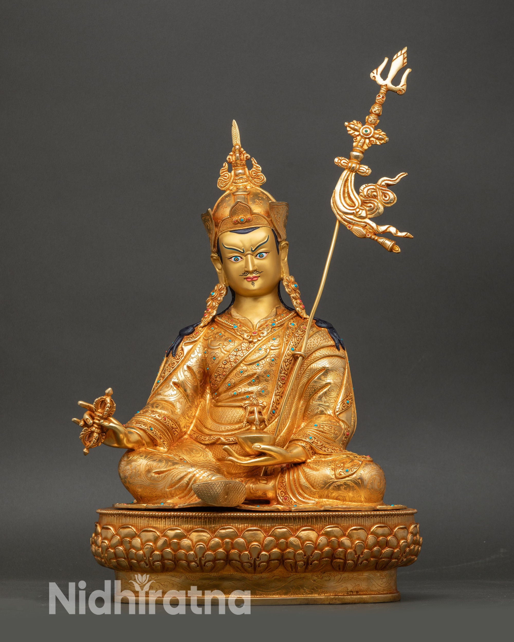 Guru Rinpoche statue with semi-wrathful gold face, handcrafted copper and 24K fire-gilding