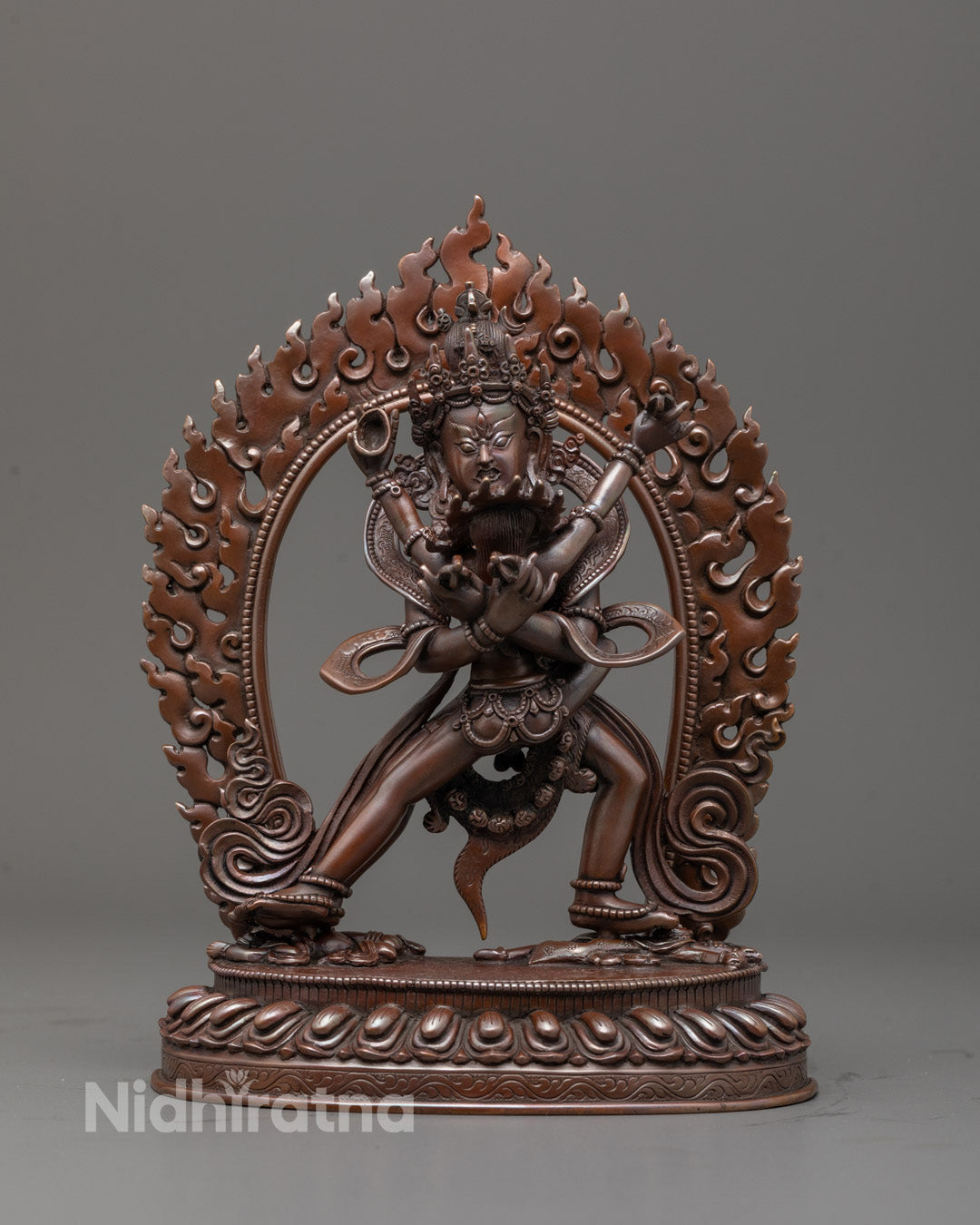 Hand-Carved Chakrasamvara with Consort Statue in Oxidized Copper with Detailed Lotus Base