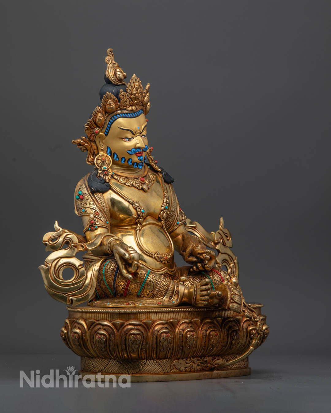 Hand-Carved Dzambhala Statue – 24K Gold-Plated Face, Prosperity, and Auspicious Mantras