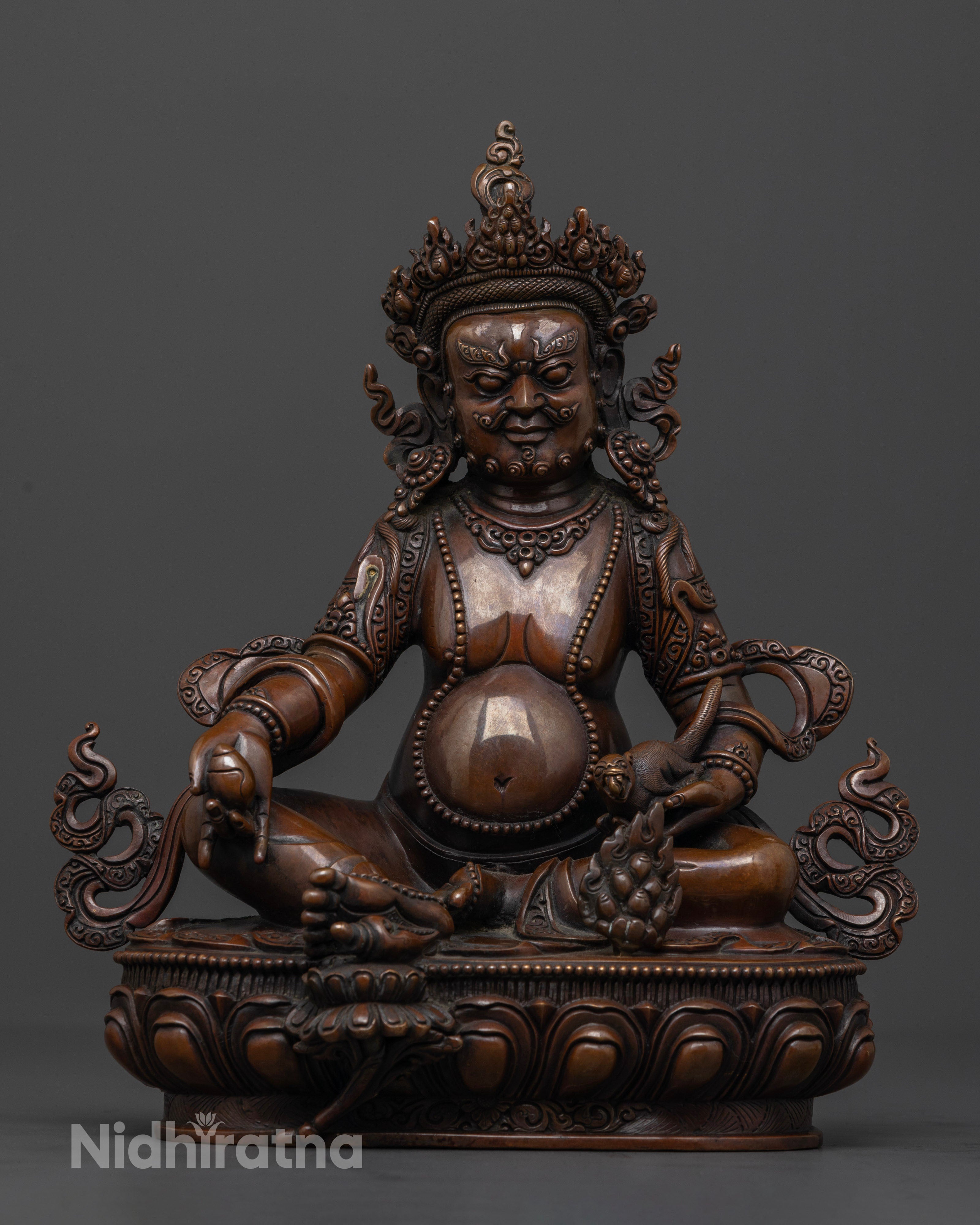 Hand-Carved Dzambhala Statue in Oxidized Copper