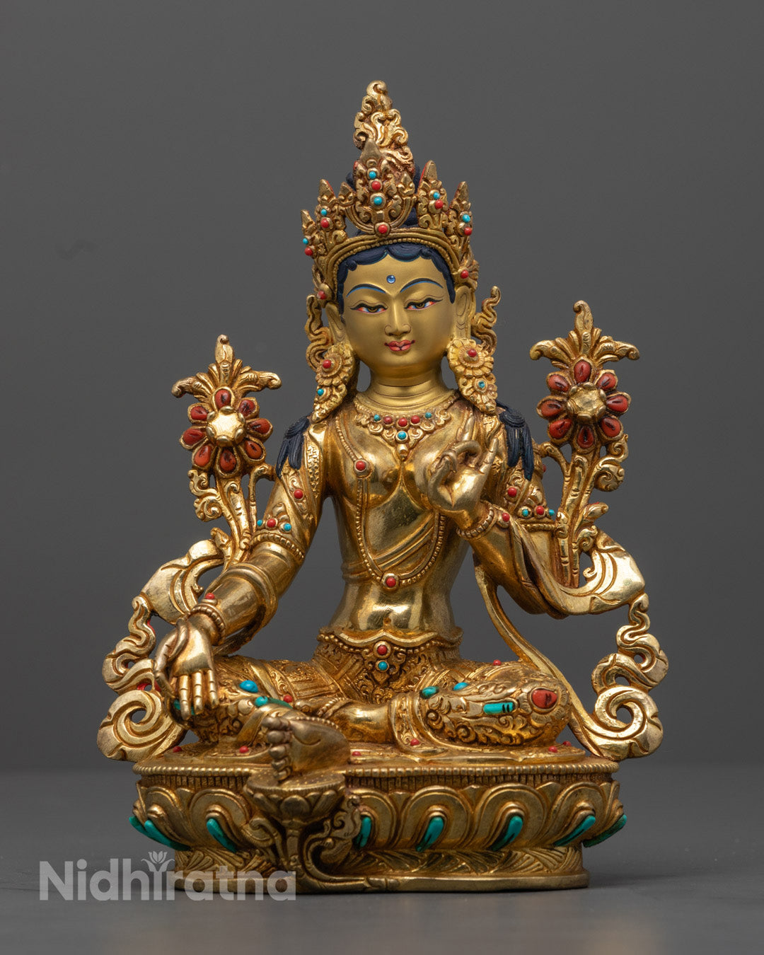 Hand-Carved Green Tara Statue – 24K Gold-Gilded Tibetan Art