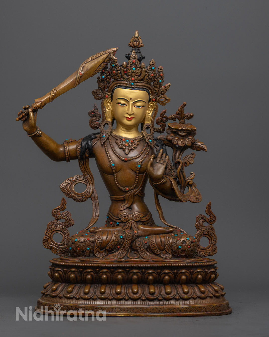 Hand-Carved Manjushri Statue | Wisdom Deity Sculpture