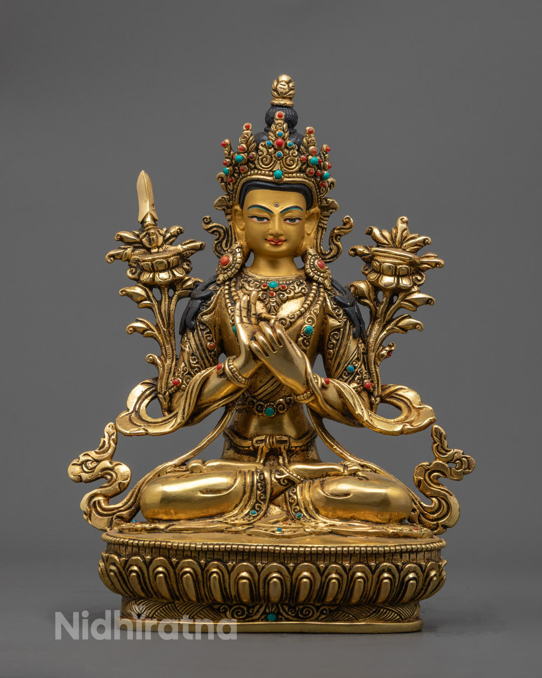 Hand-Carved Manjushri Statue with 24k Gold Gilding and Acrylic Colors – Tibetan Bodhisattva of Wisdom
