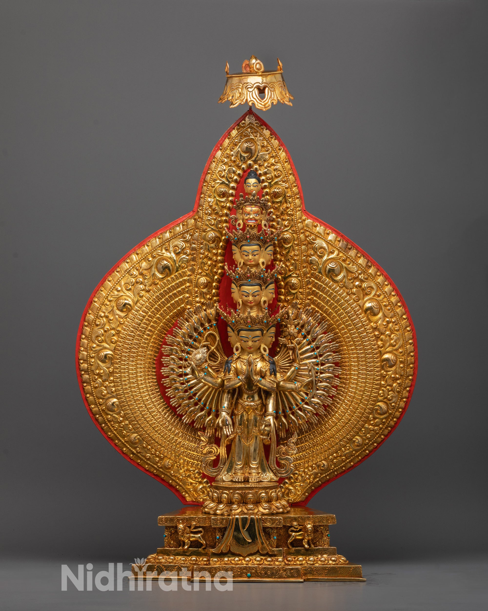 Hand-carved 1000-Armed Chenrezig Statue with gold plating standing on lotus base