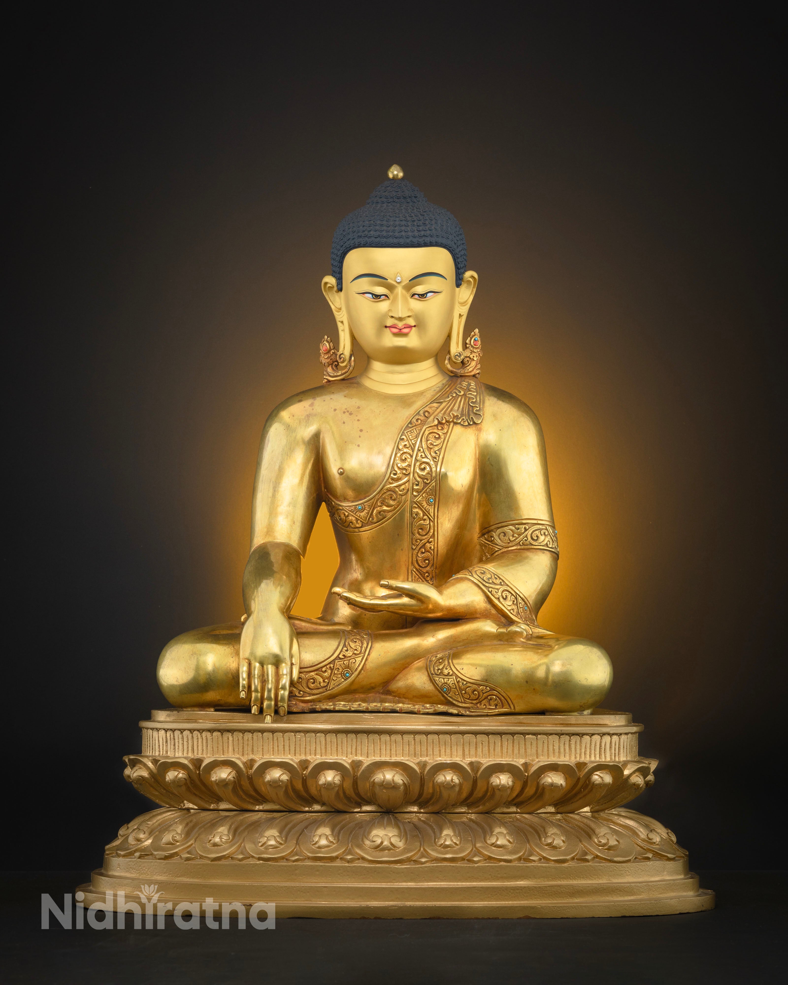Front-view of Hand-carved 24K Gold-Plated Shakyamuni Buddha Statue in Bhumisparsha Mudra