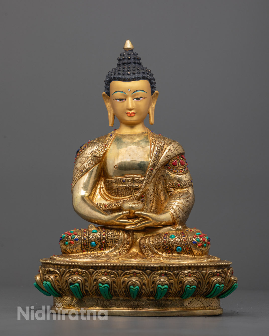 Front View of Hand-carved Amitabha Buddha Statue with 24k gold-gilded face seated on lotus base