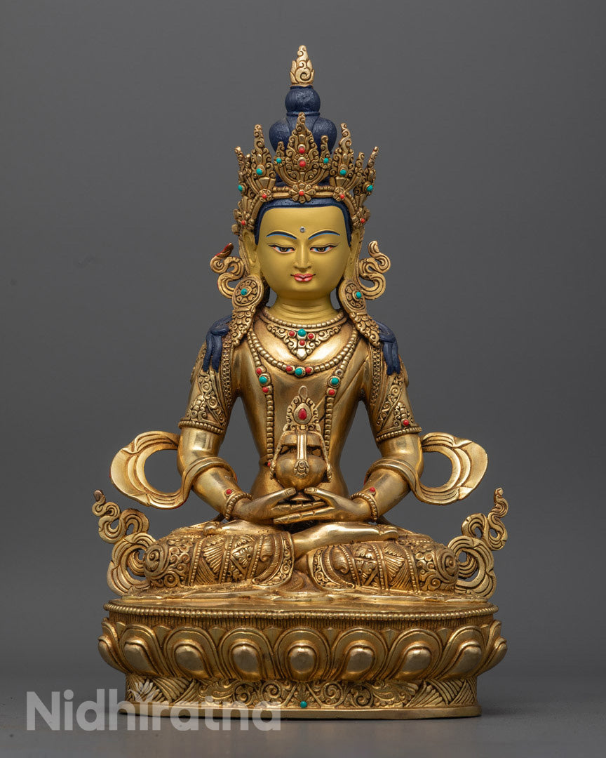 Hand-carved Amitayus Buddha Statue adorned with 24k gold and semi-precious stones, symbolizing infinite life and longevity