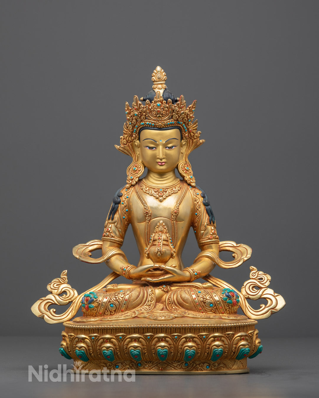 Hand-carved Amitayus statue with 24k gold fire-gilding and semi-precious stones on copper base