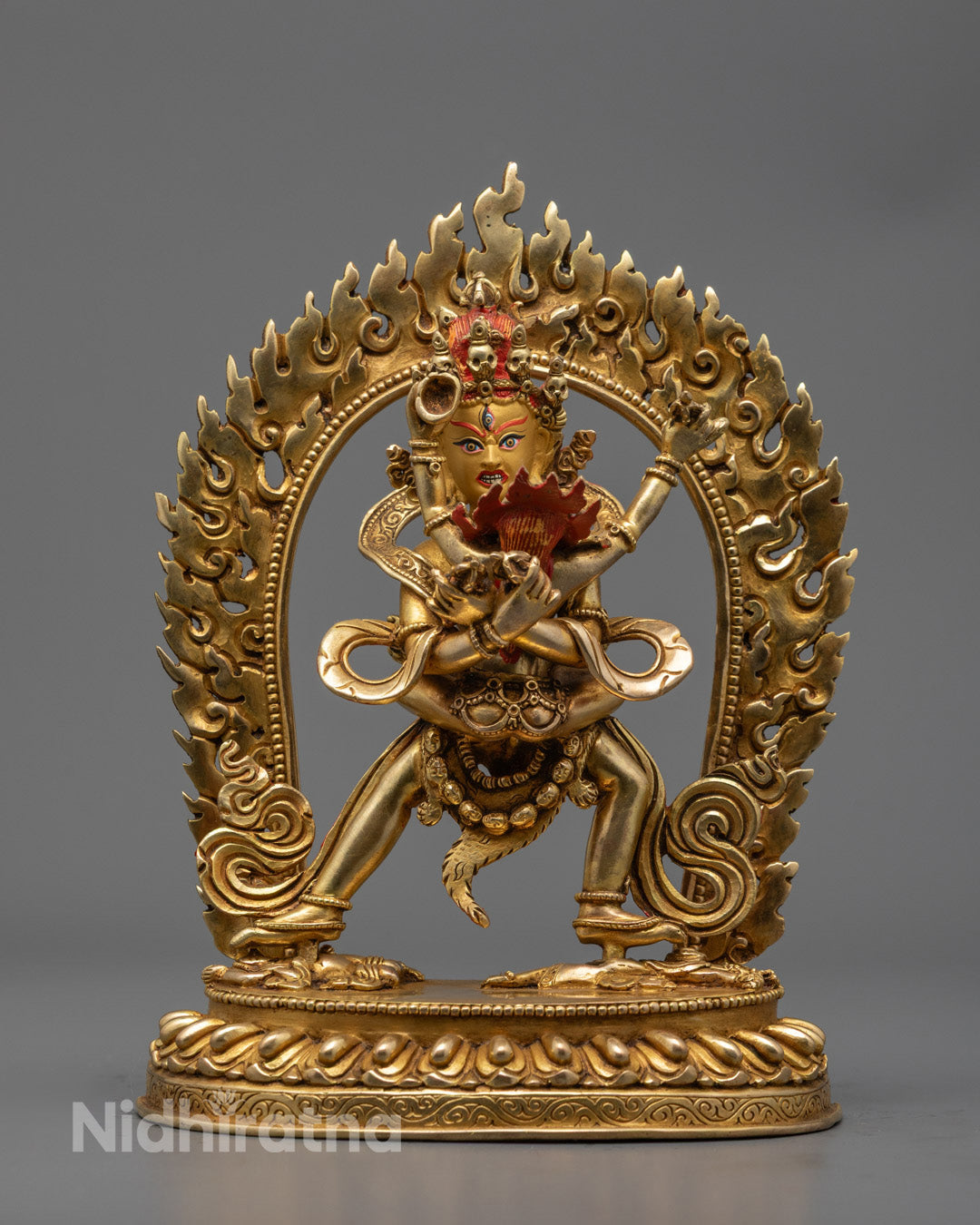 Hand-carved Chakrasamvara with consort statue in gold fire-gilding, Himalayan sacred art by Nepalese artisans