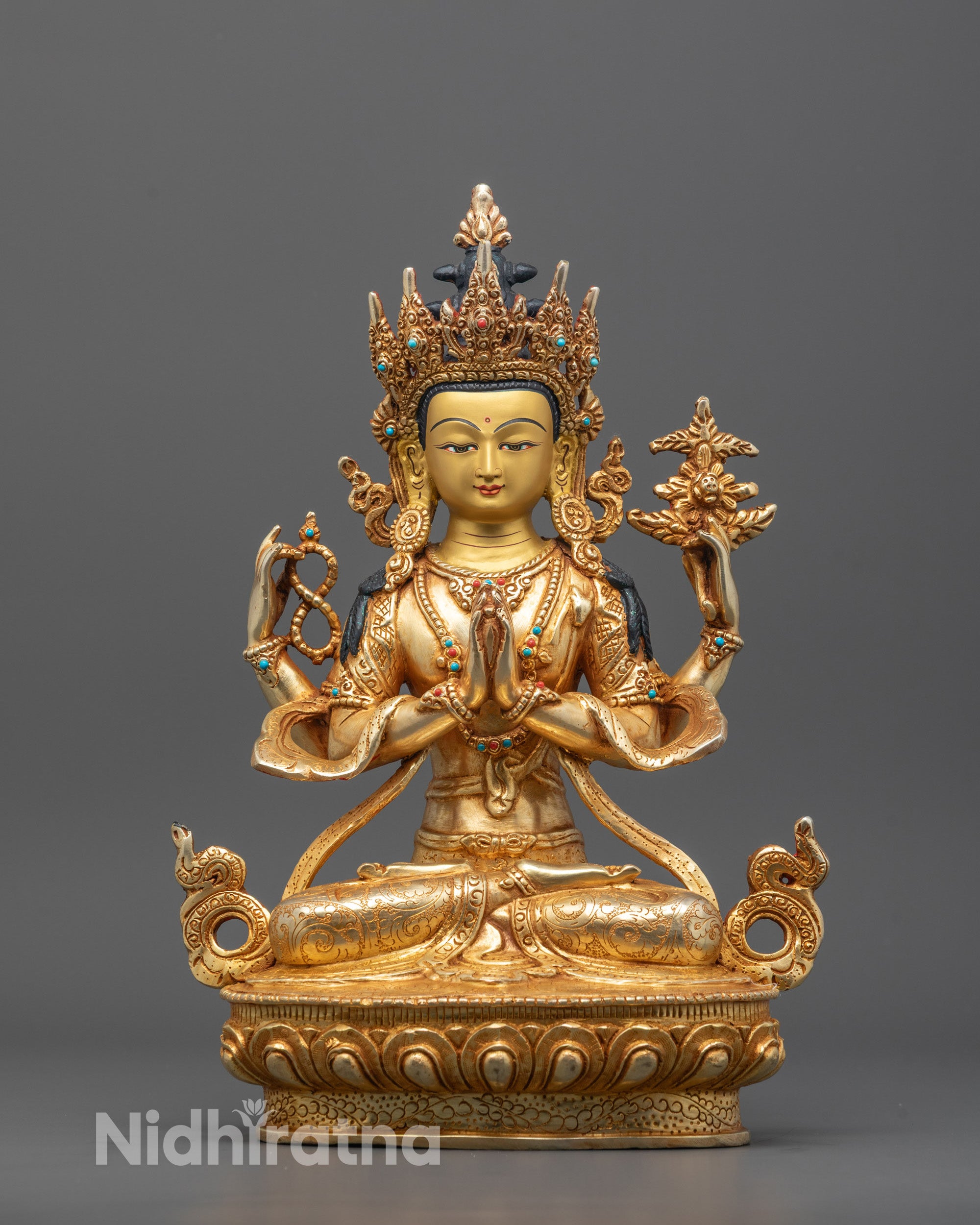Hand-carved Chenrezig statue with 24k fire gold finish and lotus base