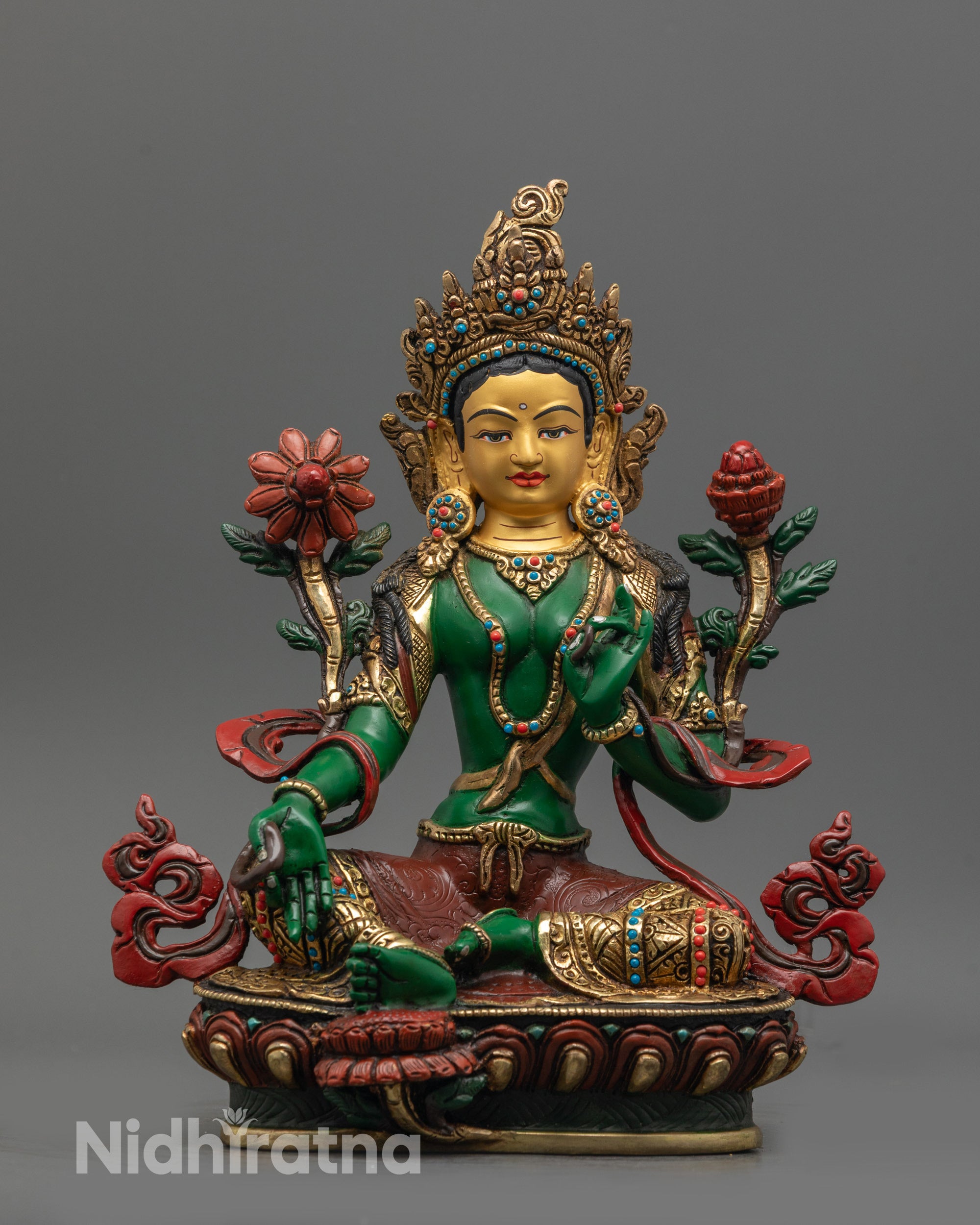 Hand-carved Green Tara Statue from Nepal with 24k Gold-Gilded Face