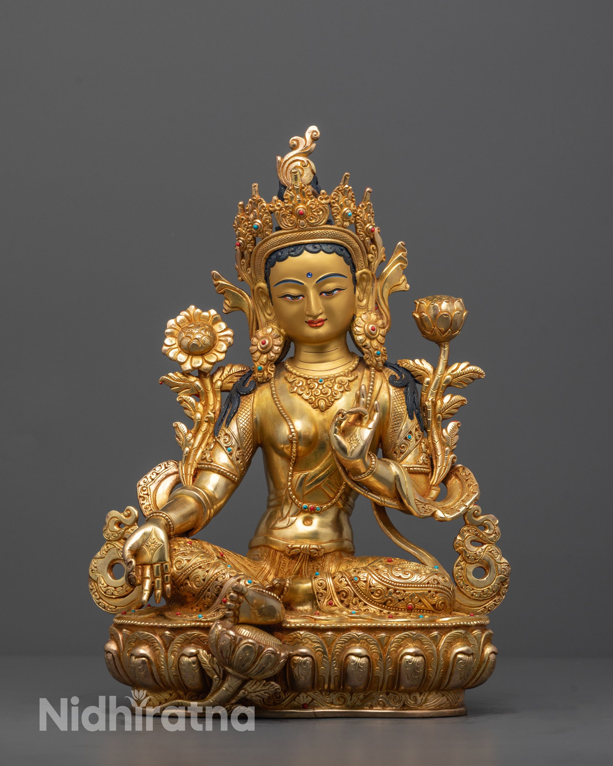 Hand-carved Green Tara Statue from Nepal with gold fire gilding