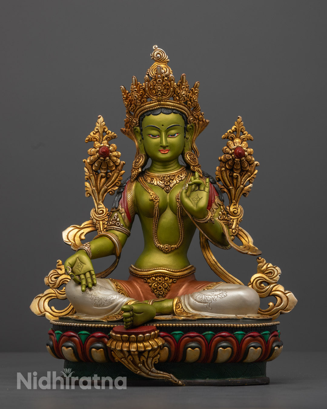 Hand-carved Green Tara statue with 24K gold-plated face