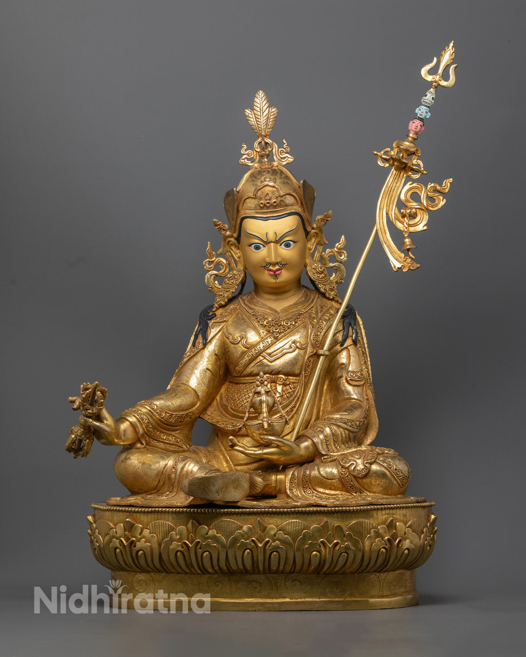 Hand-carved Guru Rinpoche Statue with 24k gold gilding and semi-precious stones seated on lotus throne