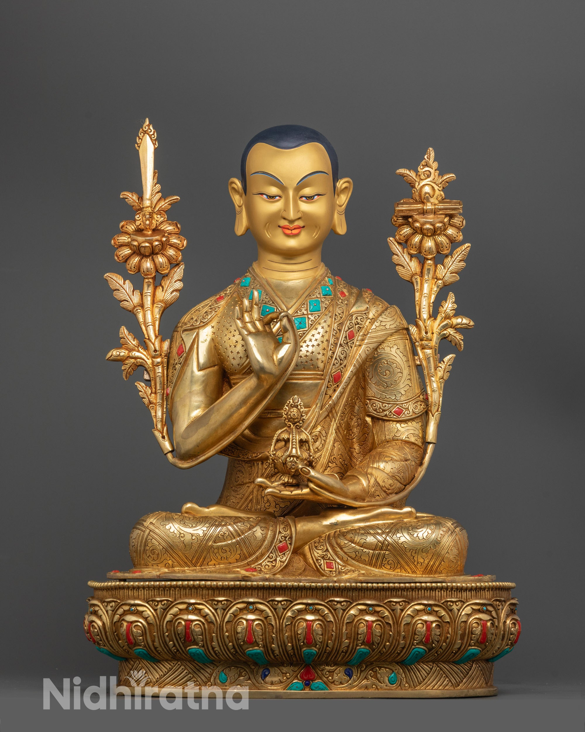 Hand-carved Je Tsongkhapa Statue made from premium copper with 24k fire gold gilding