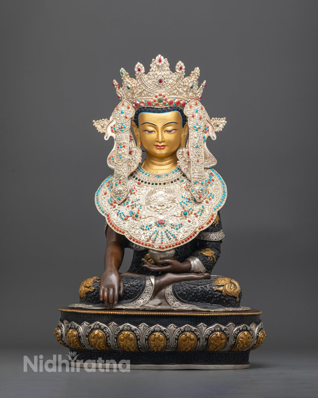 Hand-carved Jowo Rinpoche statue with 24k gold-gilded face and oxidized