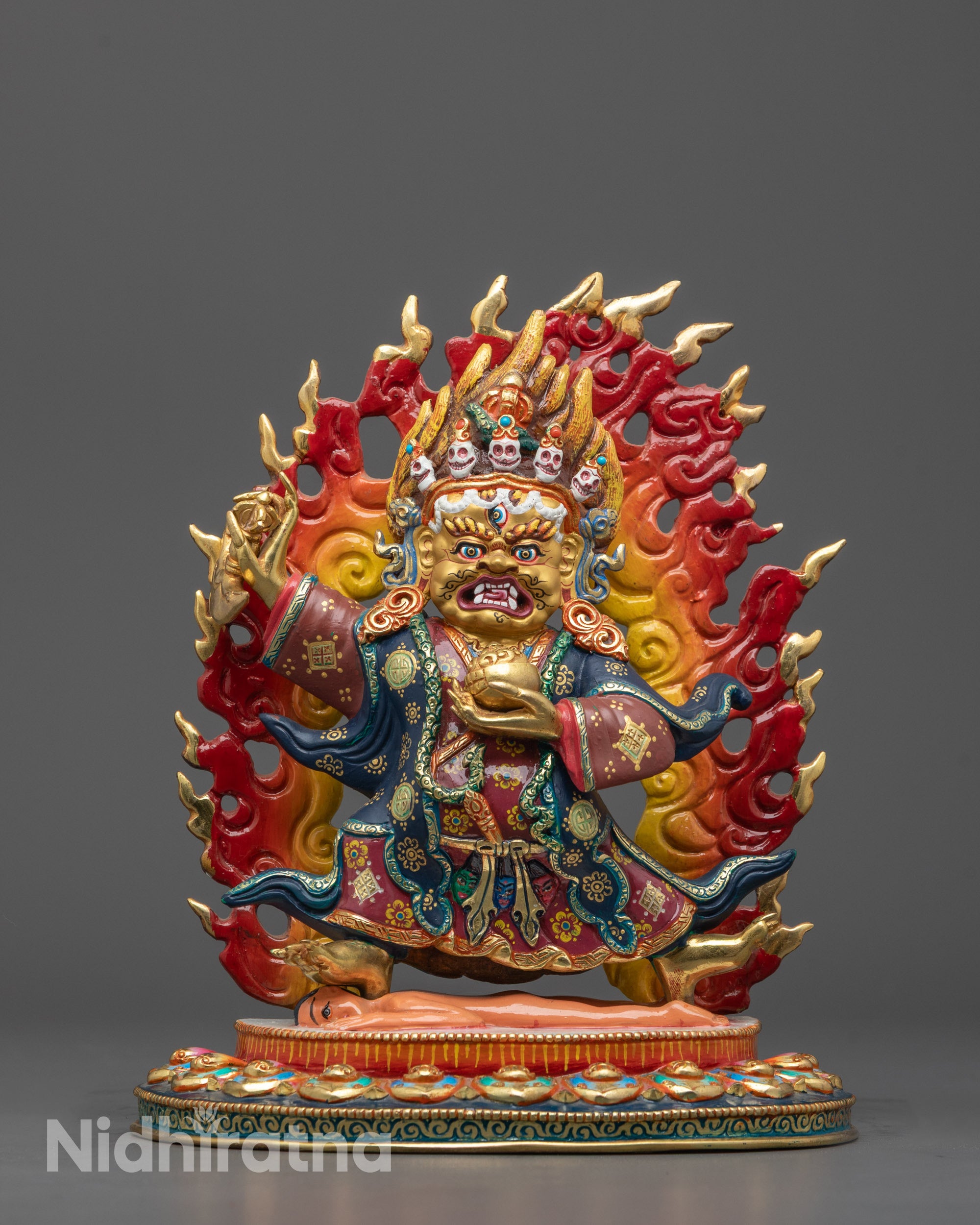 Hand-carved Mahakala Bernagchen Statue from Nepal featuring 24k gold gilded face