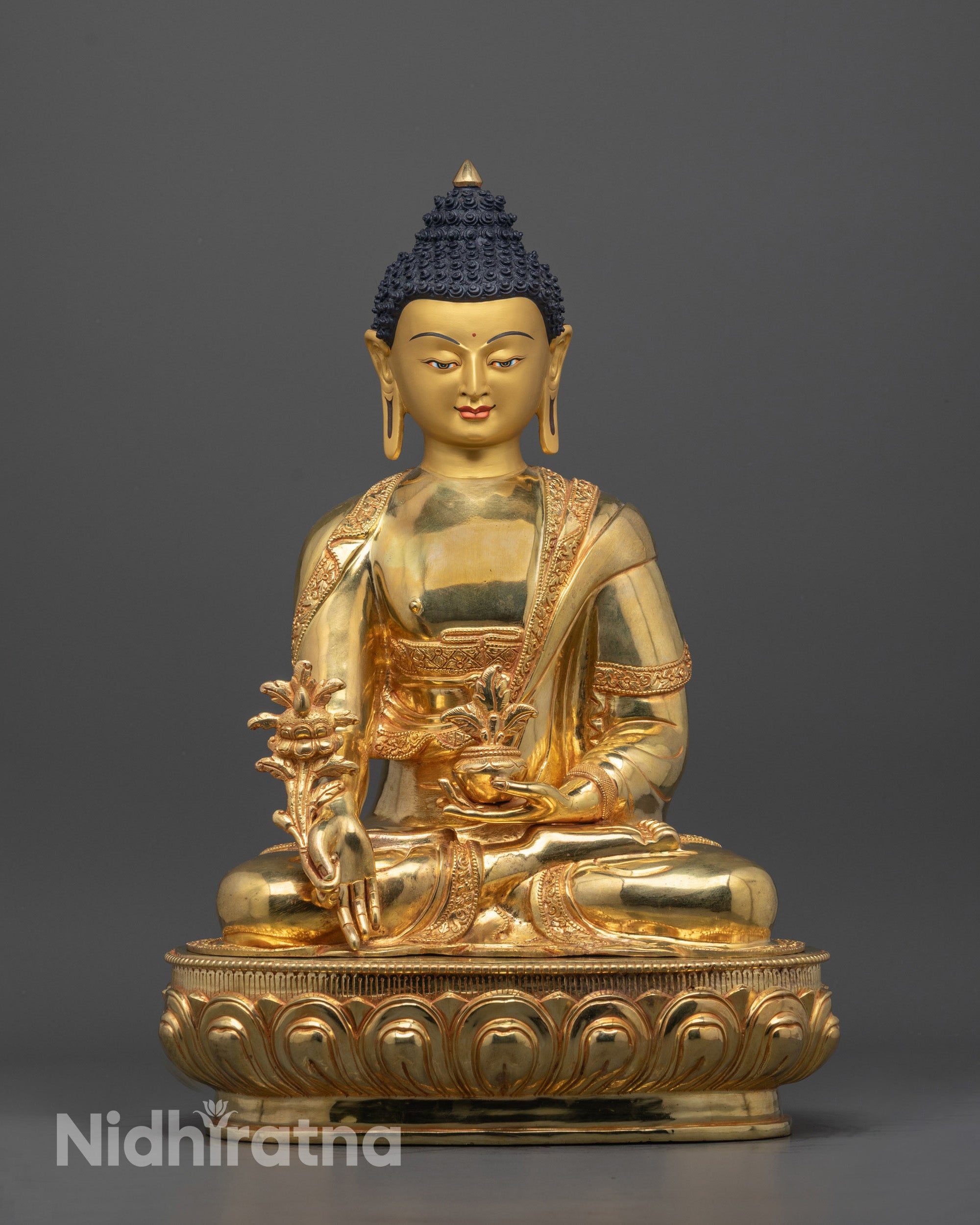 Hand-carved Medicine Buddha Statue seated on lotus base holding monk bowl