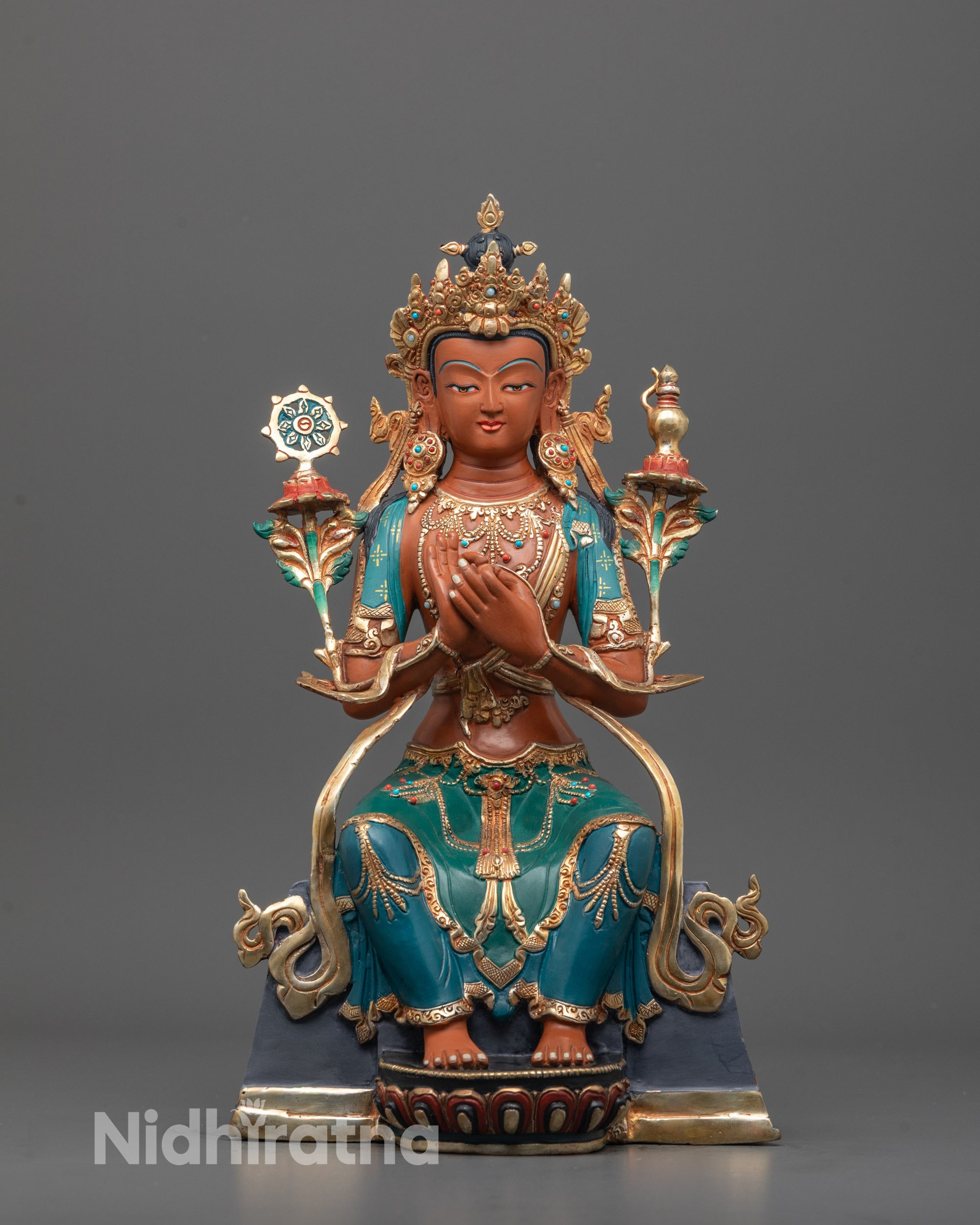 Hand-carved Red Maitreya Buddha Statue made from premium copper with red-painted face