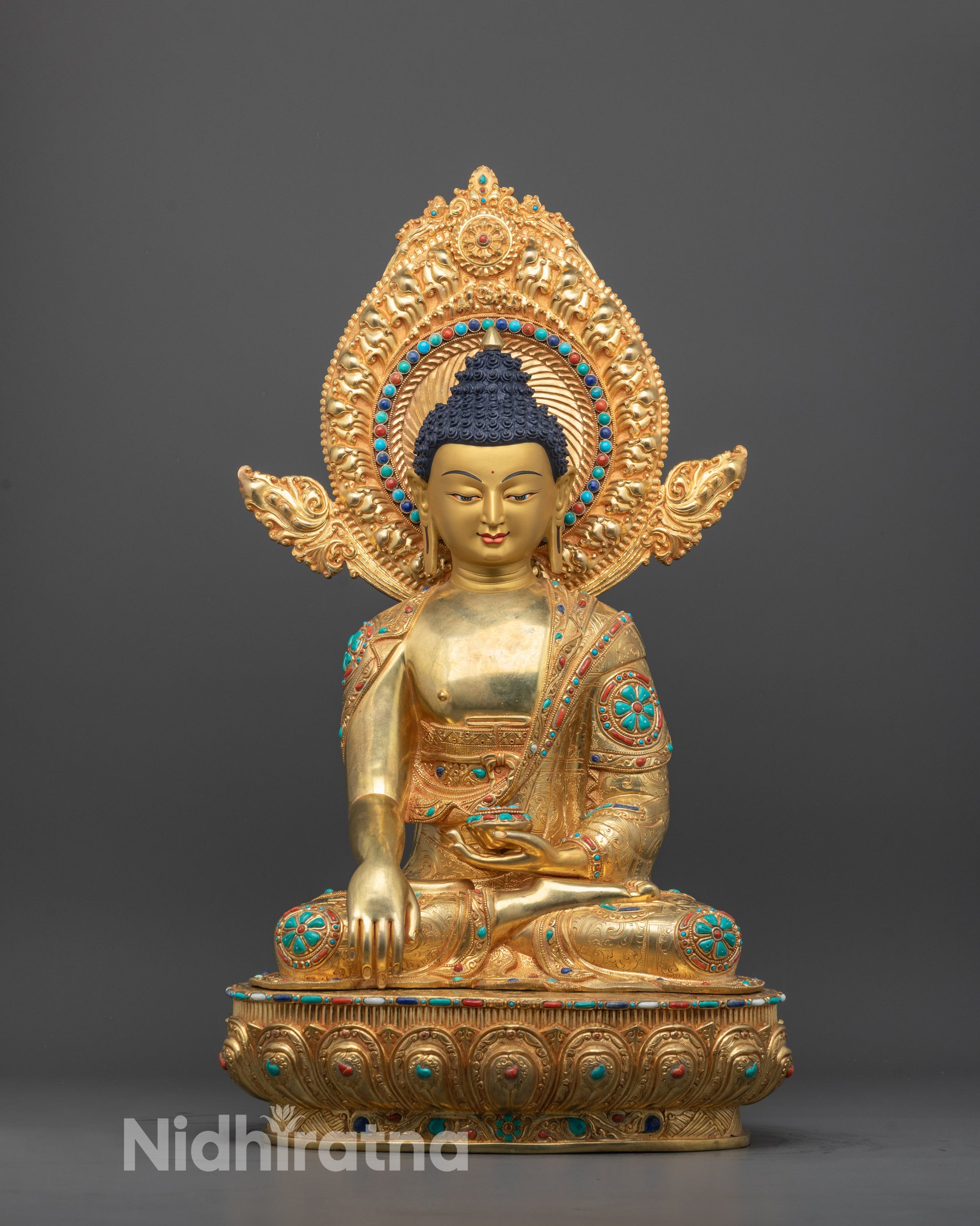 Hand-carved Shakyamuni Buddha Statue from Nepal with 24k gold plating seated