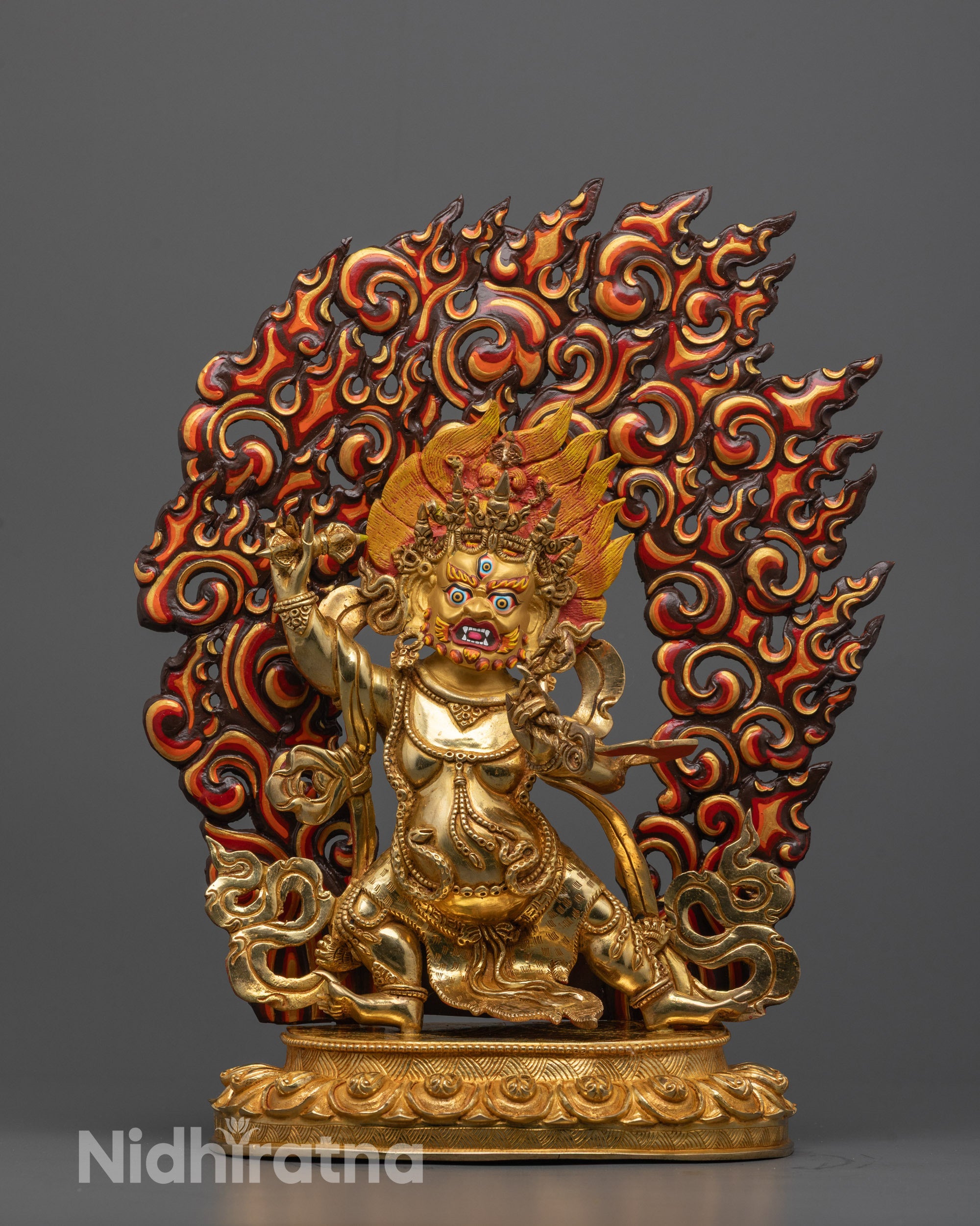 Hand-carved Vajrapani Statue standing on a lotus base, gilded in 24k fire gold
