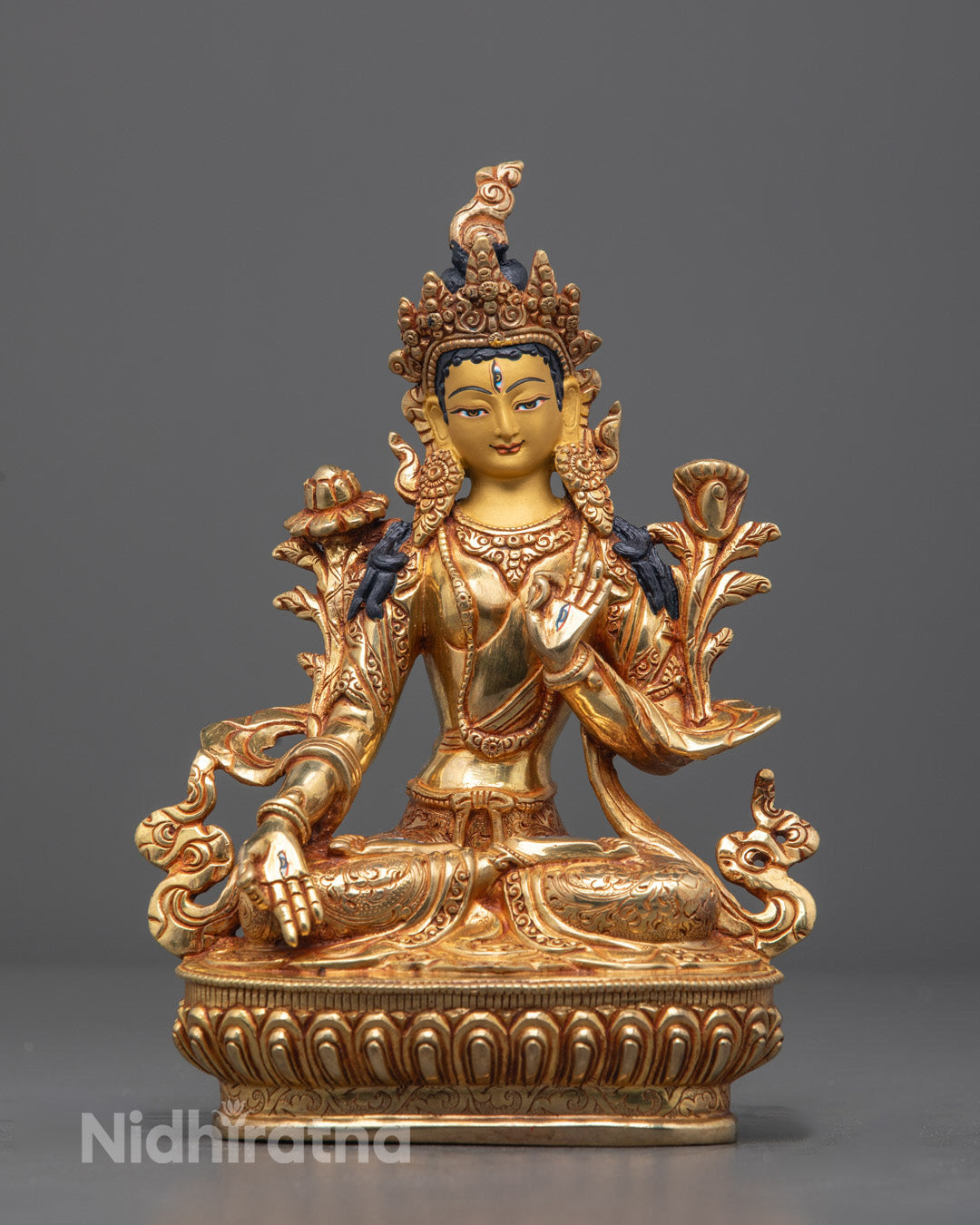 Hand-carved White Tara Statue in Copper with 24k Gold Gilding from Nepal