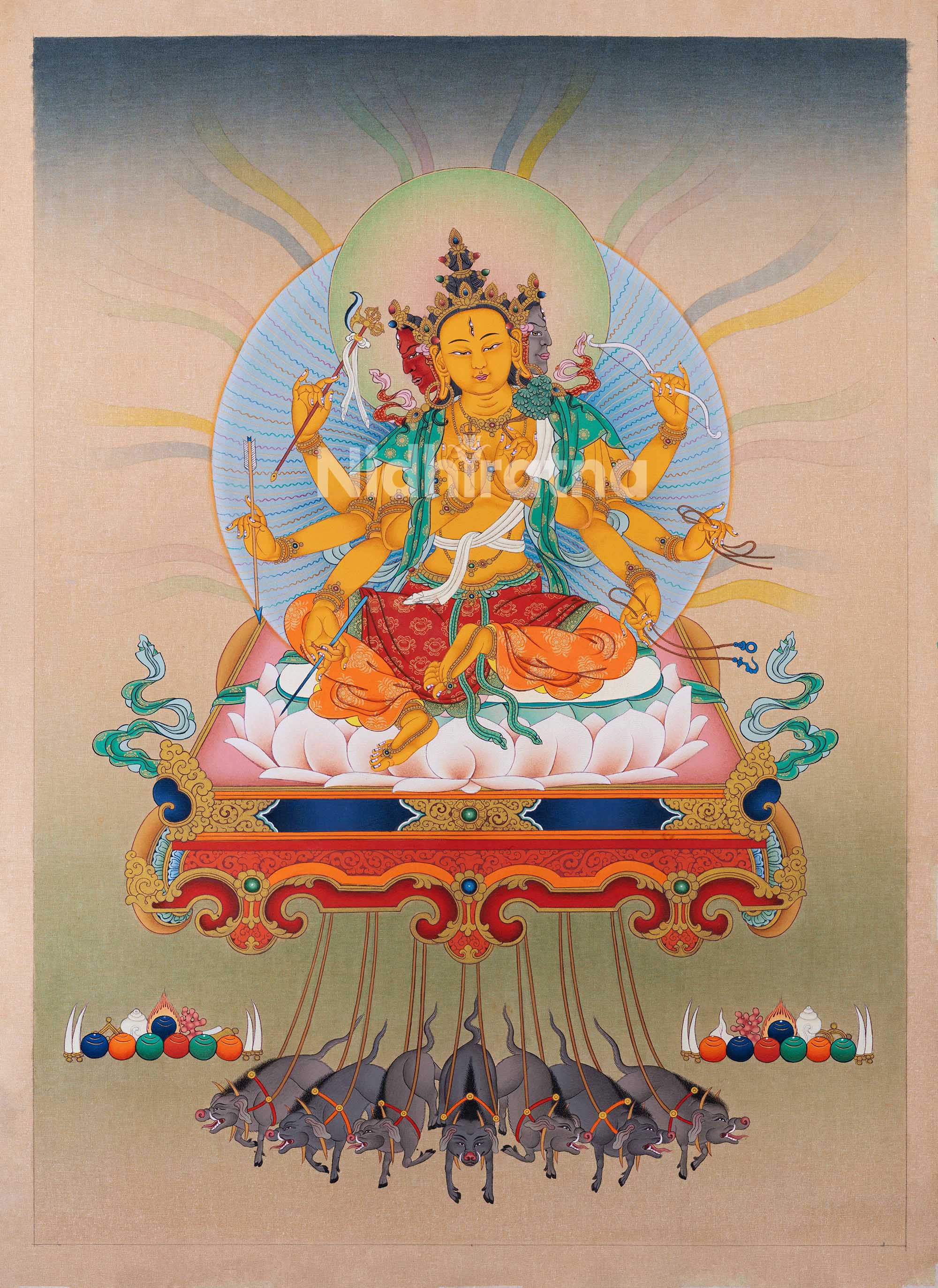 Hand-painted Marichi Thangka Print on lotus base with six arms holding symbolic objects