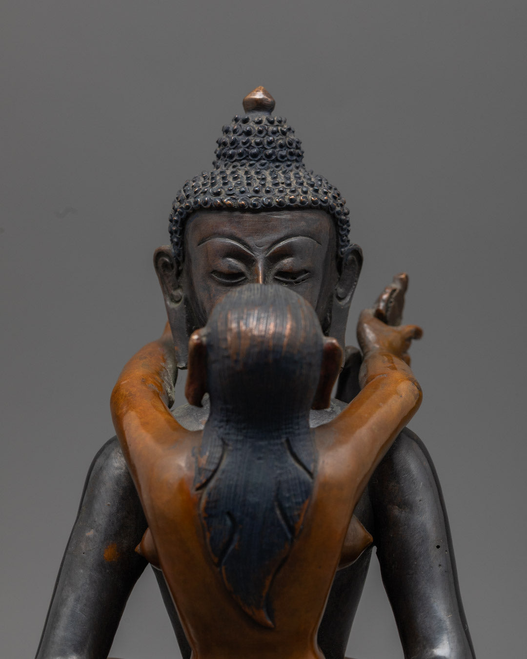 Hand-painted Oxidized Samantabhadra Consort Statue with rich acrylic colors seated gracefully on lotus throne