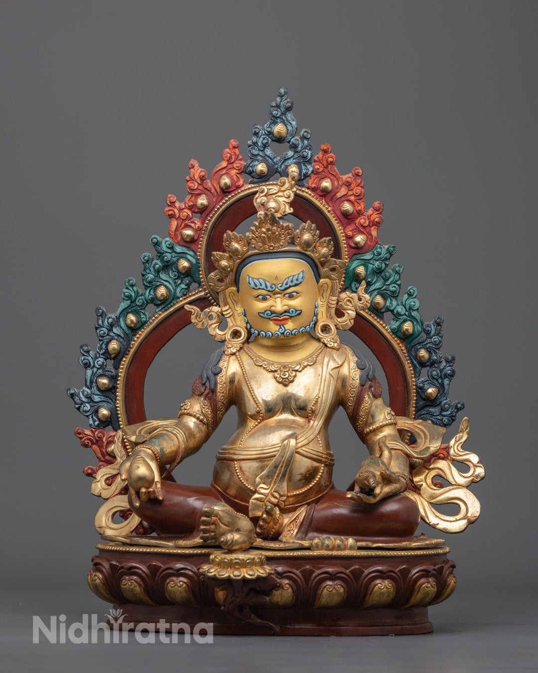 Handcarved Jambhala Kubera Statue - 24K gold face, lost wax casting, Nepal artwork