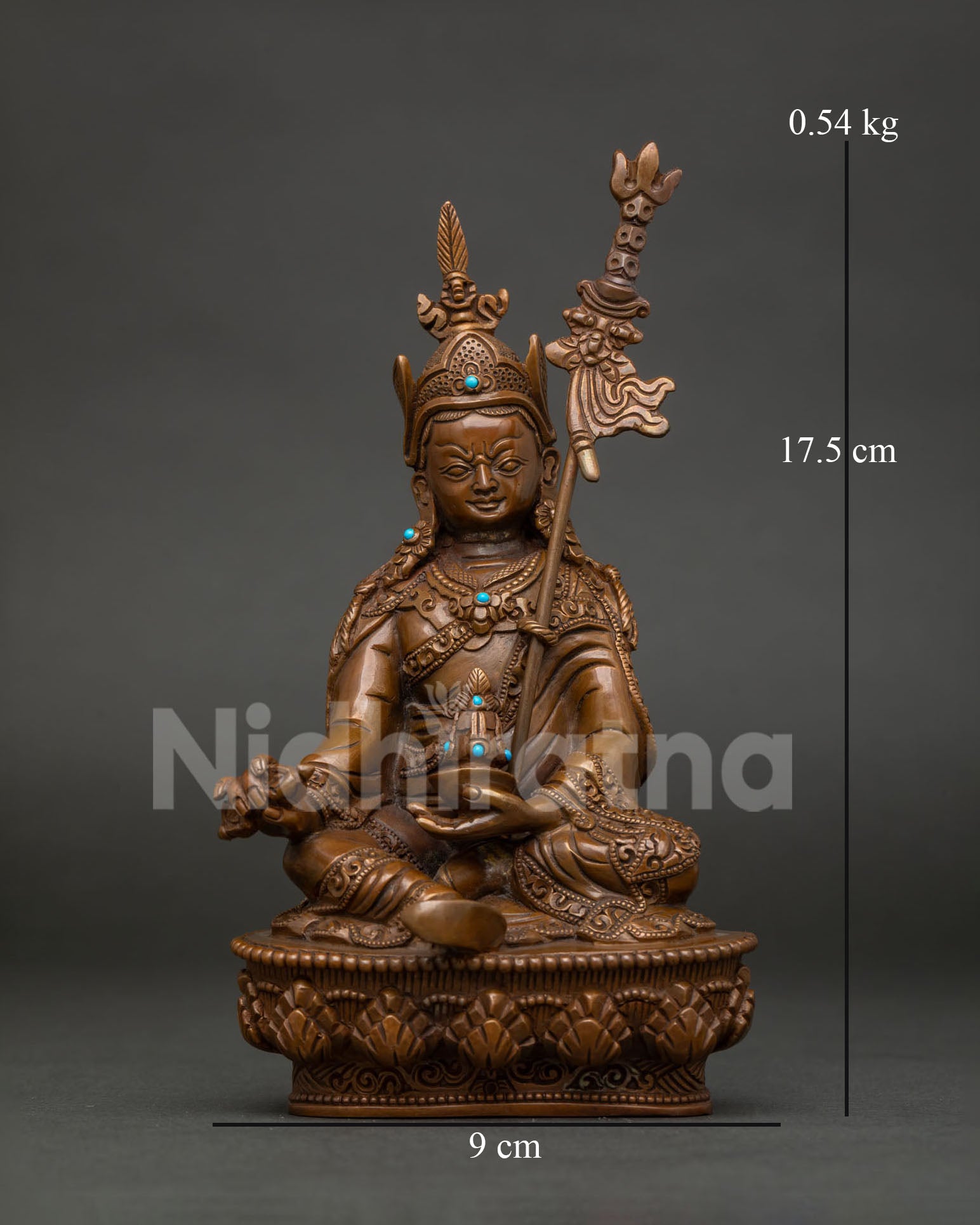 Handcrafted Guru Rinpoche statue by Newari artists from Patan Nepal with vajra and skull cup.