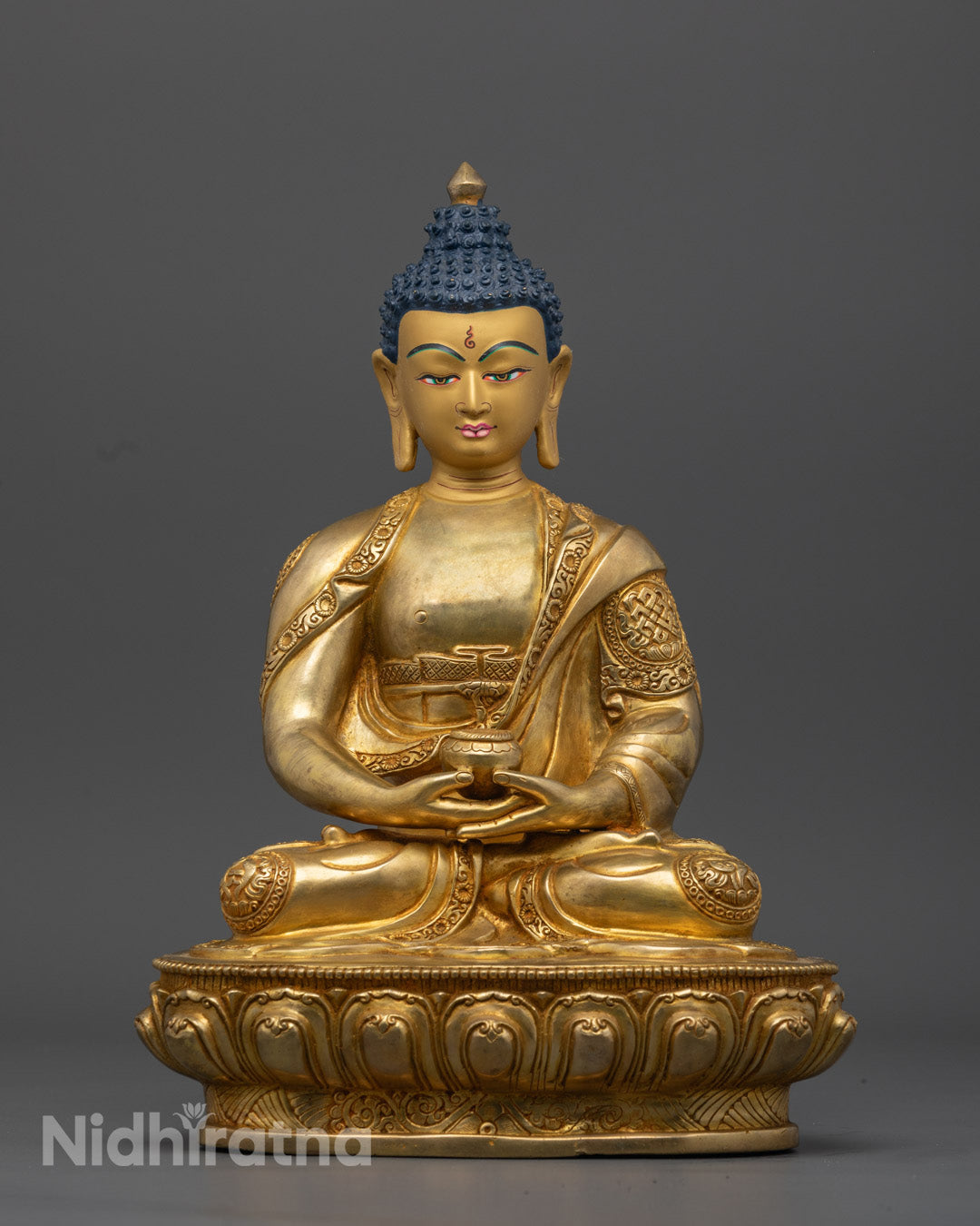 Handcrafted 24K gold-gilded Amitabha Buddha statue made of high-quality pure copper, seated in dhyana mudra on a lotus throne, symbolizing compassion, wisdom, and spiritual awakening.