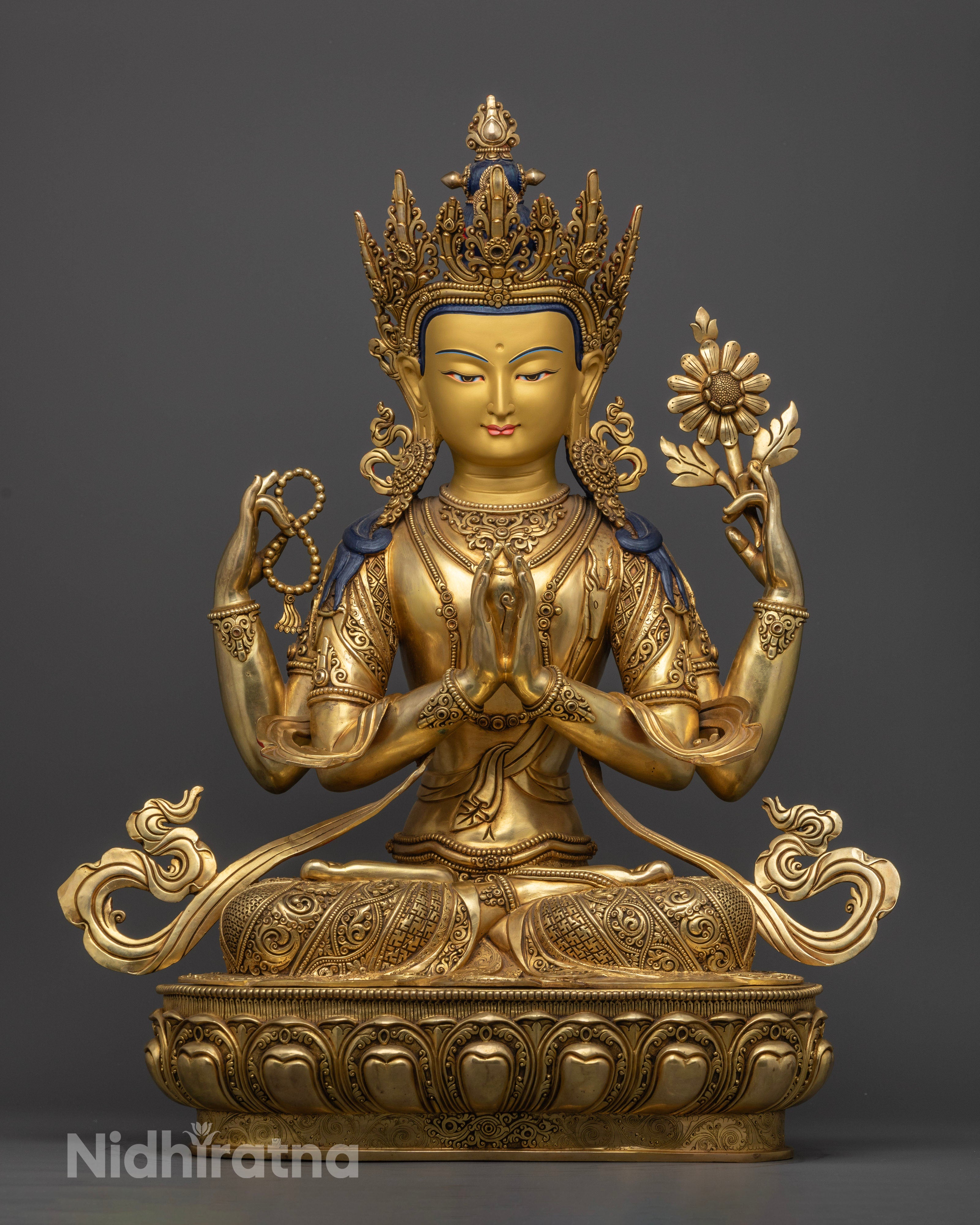 Handcrafted 63cm tall Chenrezig statue from Patan, Nepal, made of high-quality copper with a 24k gold-plated face and vibrant acrylic decorations, showcasing exceptional craftsmanship.