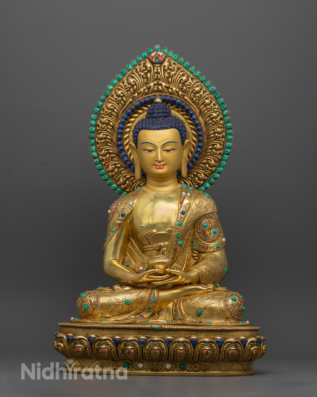 Handcrafted Amitabha Buddha Statue in 24k Gold Gilded Copper Seated on Lotus Throne