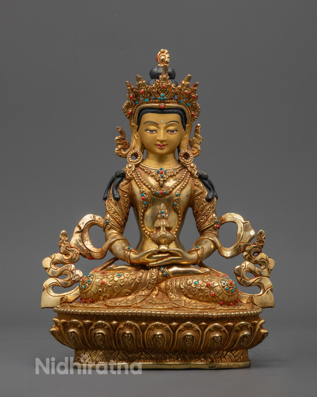 Handcrafted Amitayus Buddha Statue with 24k Gold Fire Gilding and Long-Life Vase