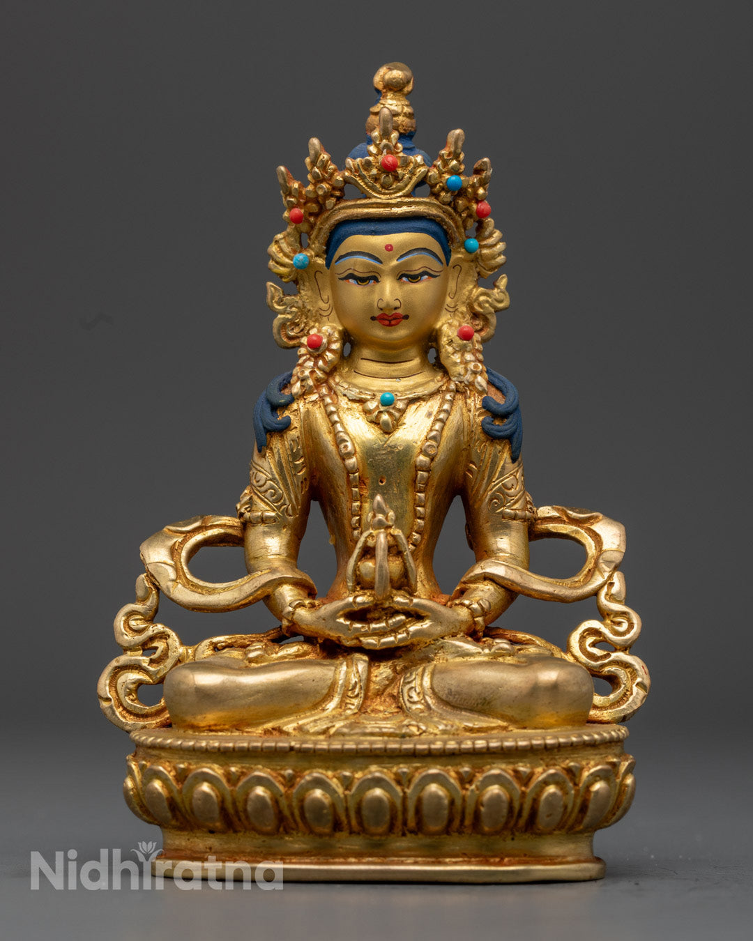 Handcrafted Amitayus Statue – 24k Gold Gilded Art for Meditation