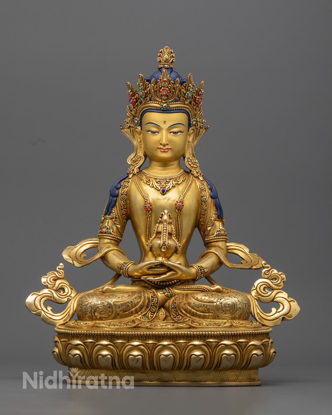 Handcrafted Amitayush Gold Statue, Buddha of Infinite Life, offering blessings of long life, health, and spiritual well-being in a radiant golden finish.