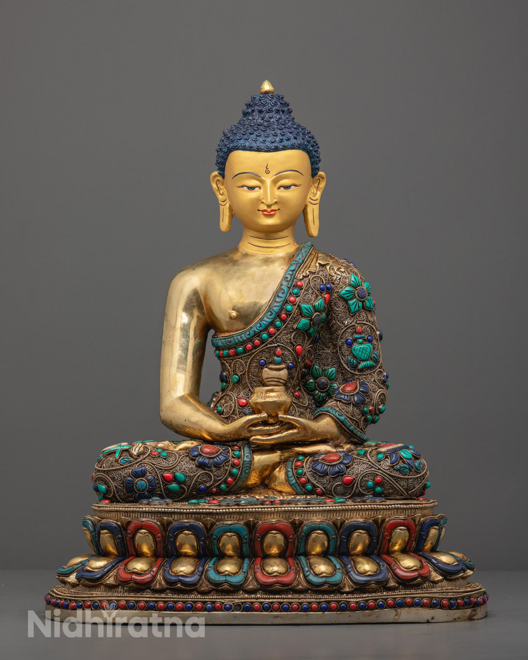 Handcrafted Authentic Amitabha Buddha Statue with gold-gilded face and 24k gold fire-gilded body