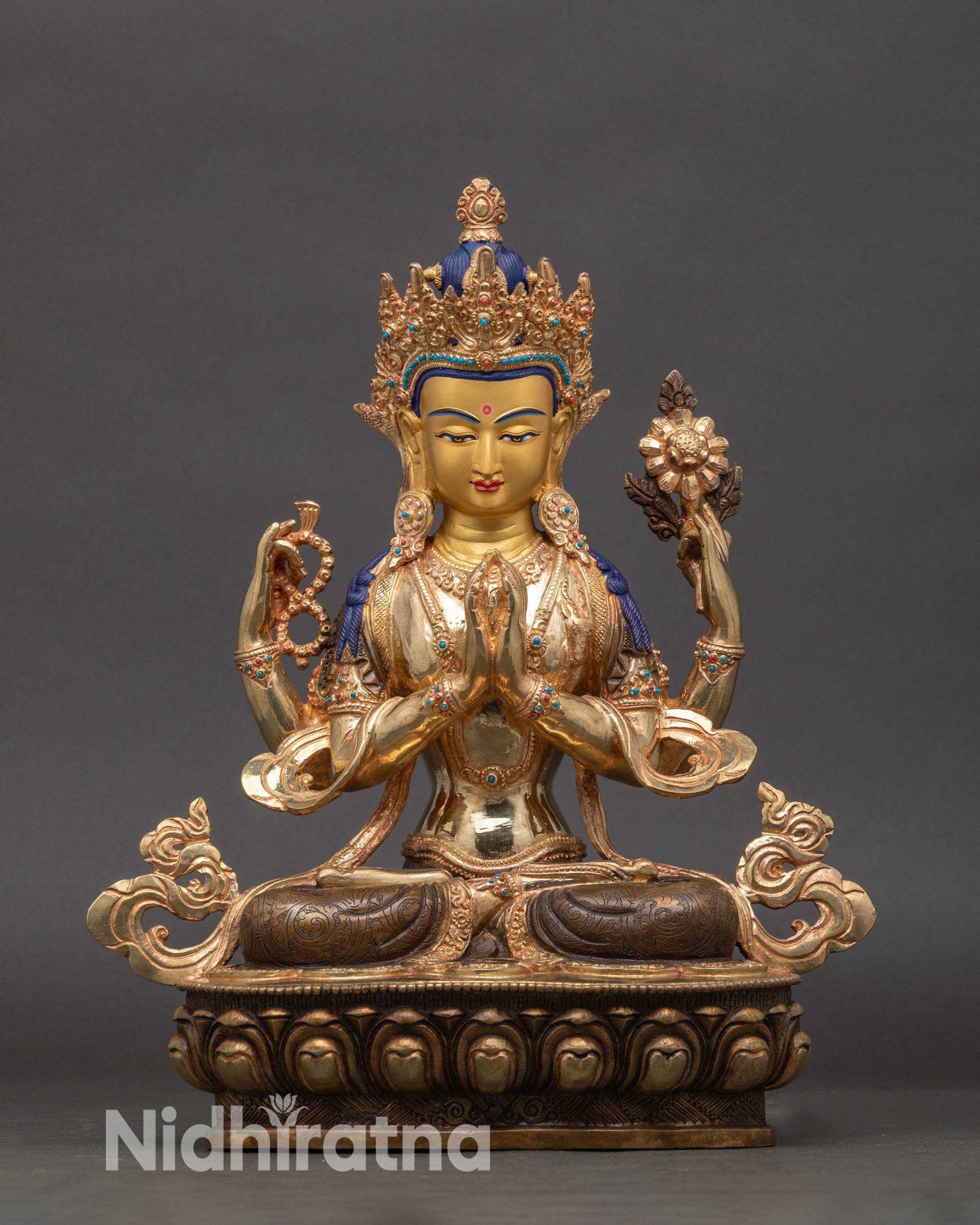 Handcrafted Avalokiteshvara Chenrezig statue in copper, Himalayan Buddhist altar art
