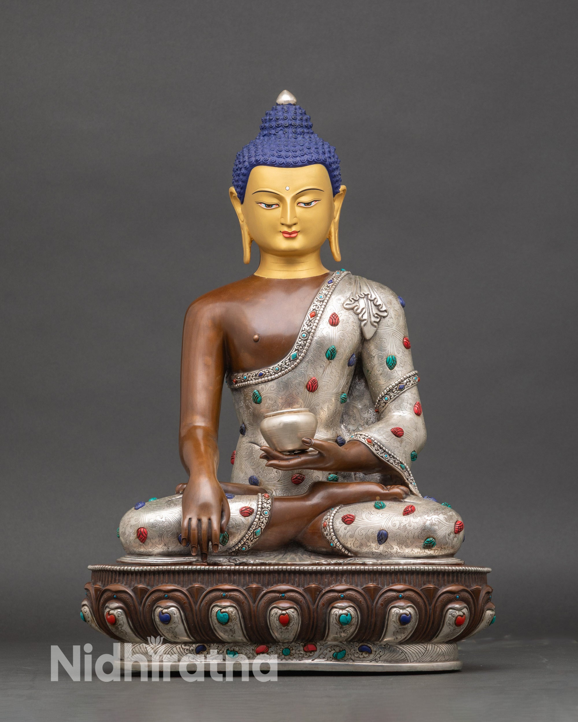 Handcrafted Buddha Altar Statue with 24K gold face and silver-plated finish