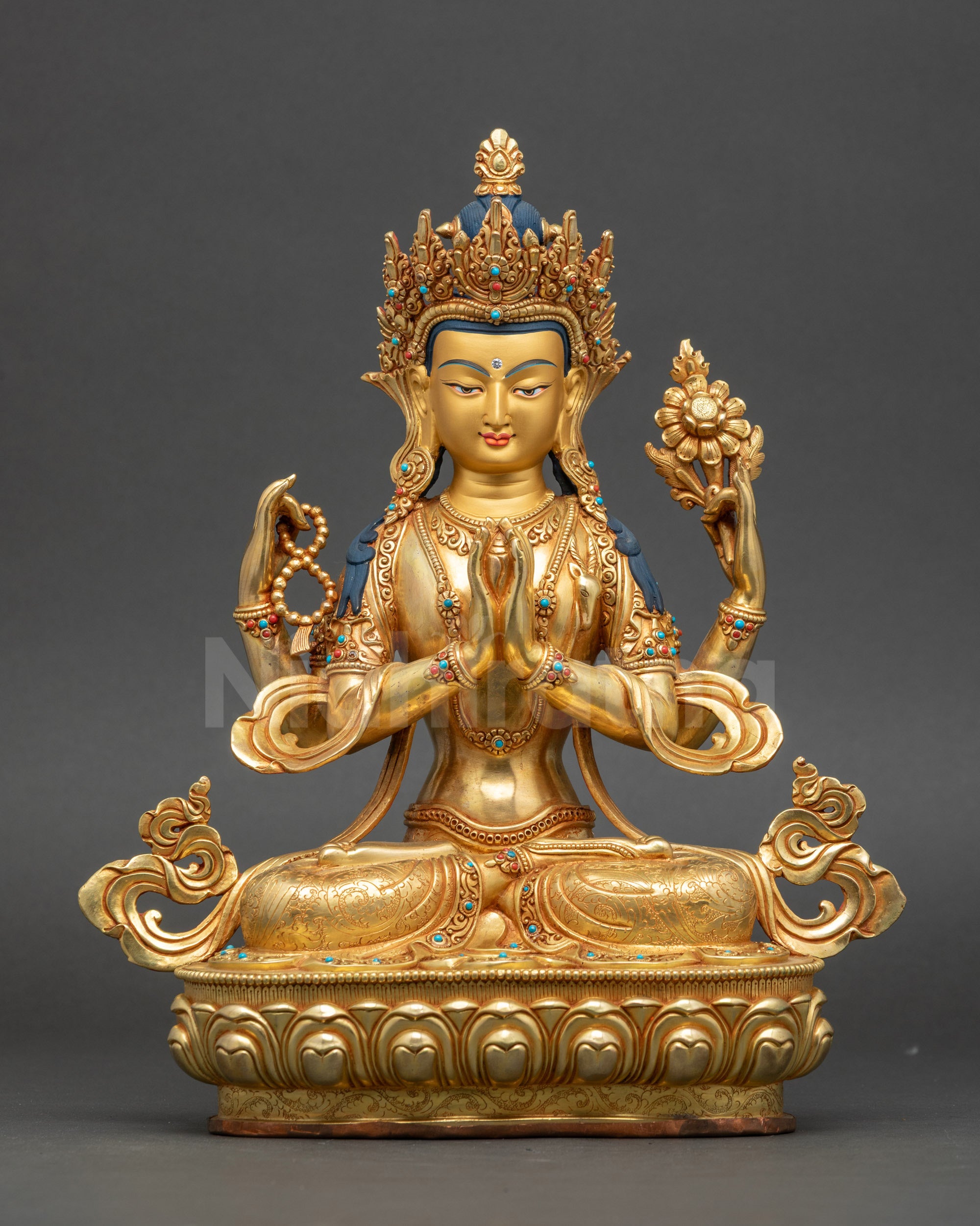 Handcrafted Chenrezig Bodhisattva statue with gold fire-gilding on lotus throne
