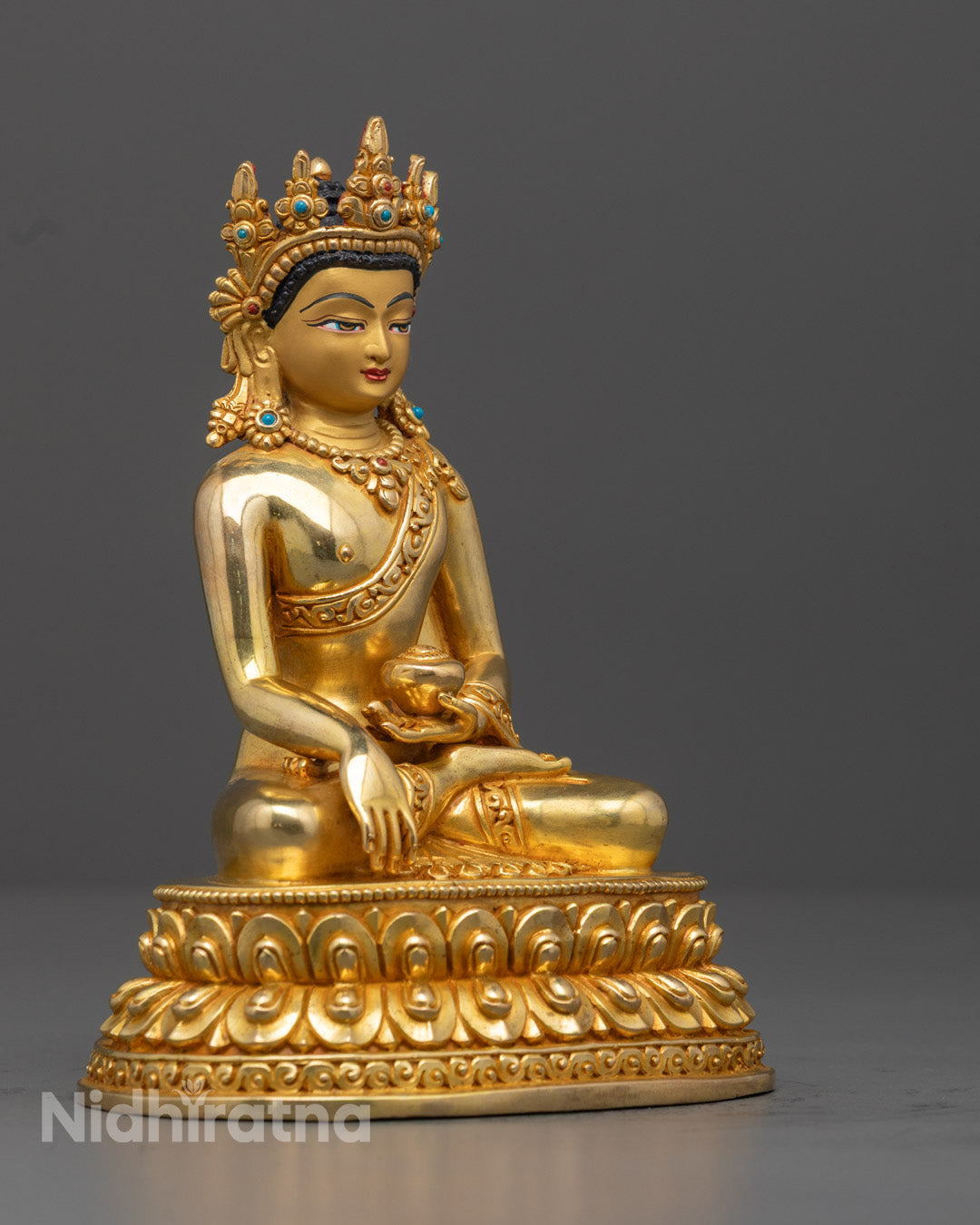 Handcrafted Crowned Shakyamuni Buddha Statue | 24k Gold Finish | Tibetan Style