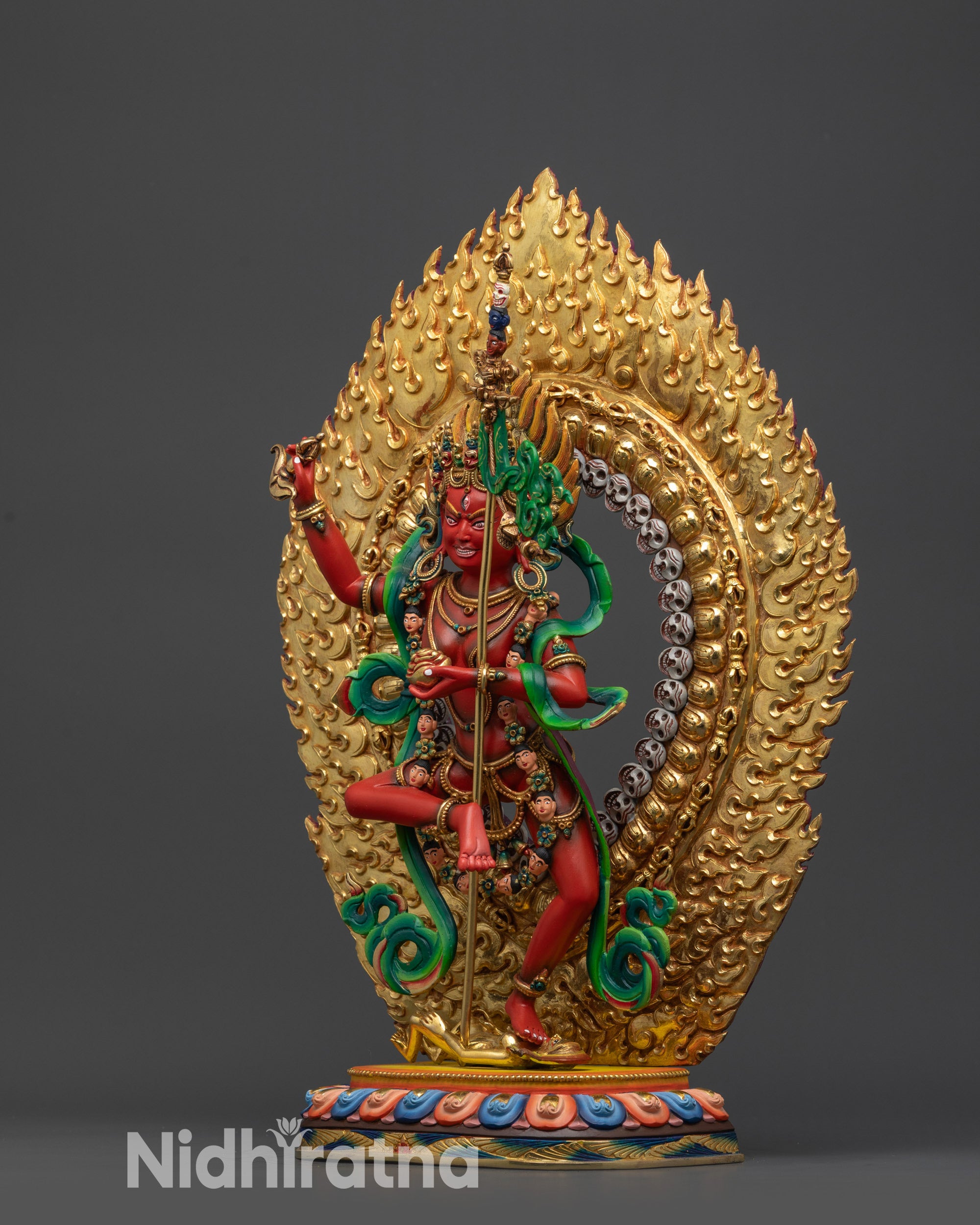 Handcrafted Dorje Phagmo Sculpture depicting the Tantric goddess standing over subdued figure