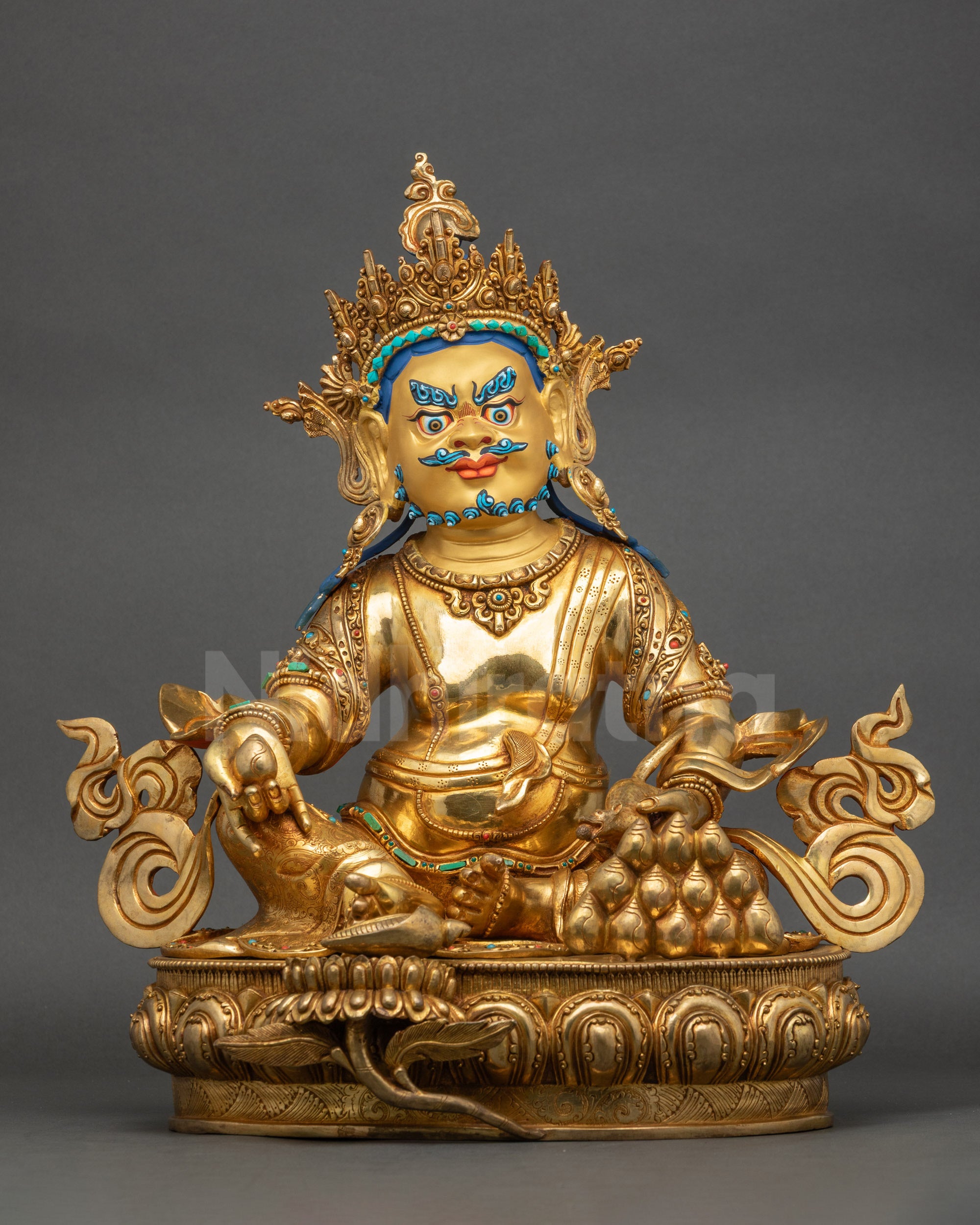 Handcrafted Dzambhala Statue Nepalese Buddhist Deity of Wealth Copper Gold-Gilded