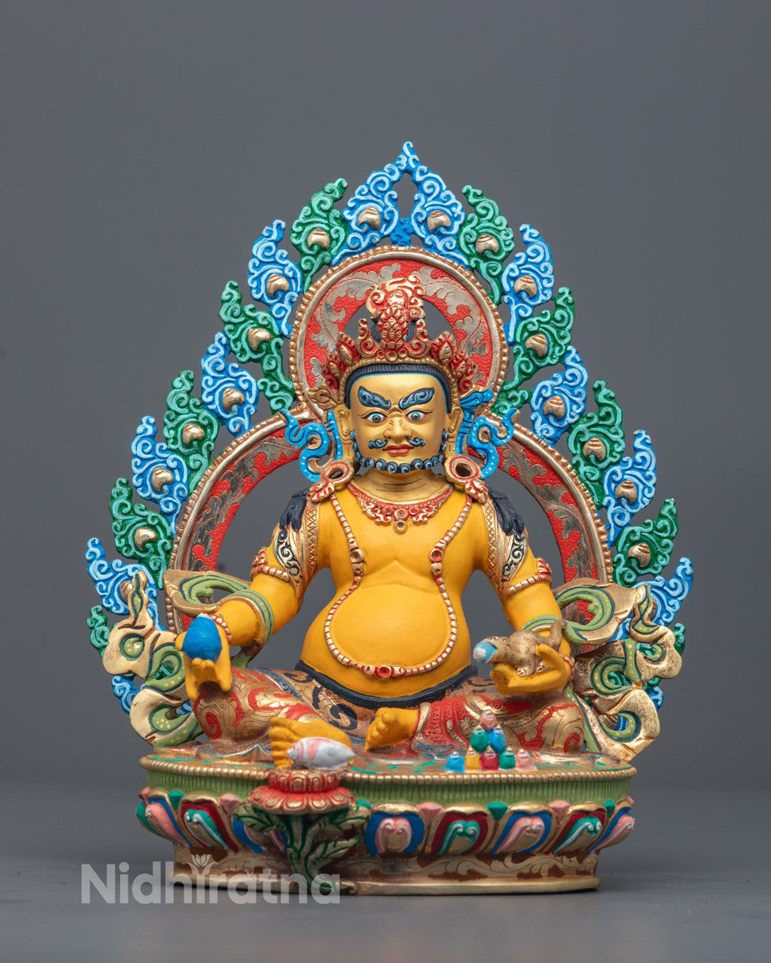 Handcrafted Dzambhala Statue with acrylic-colored copper face and body adorned with vibrant acrylic hues