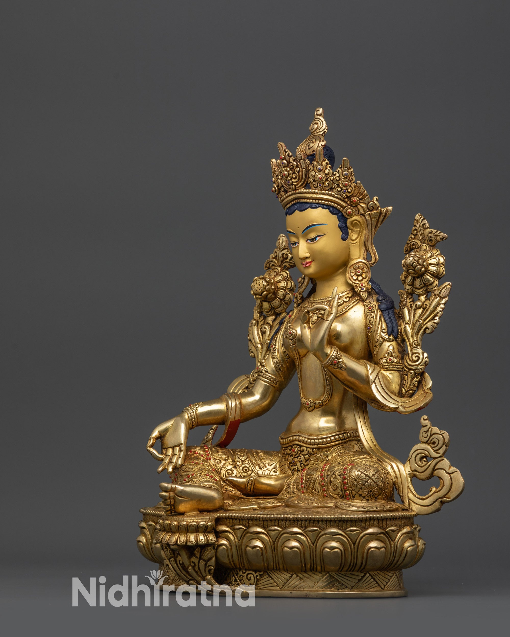 Handcrafted Green Tara Sculpture in Royal Ease Posture on Intricately Carved Lotus Seat