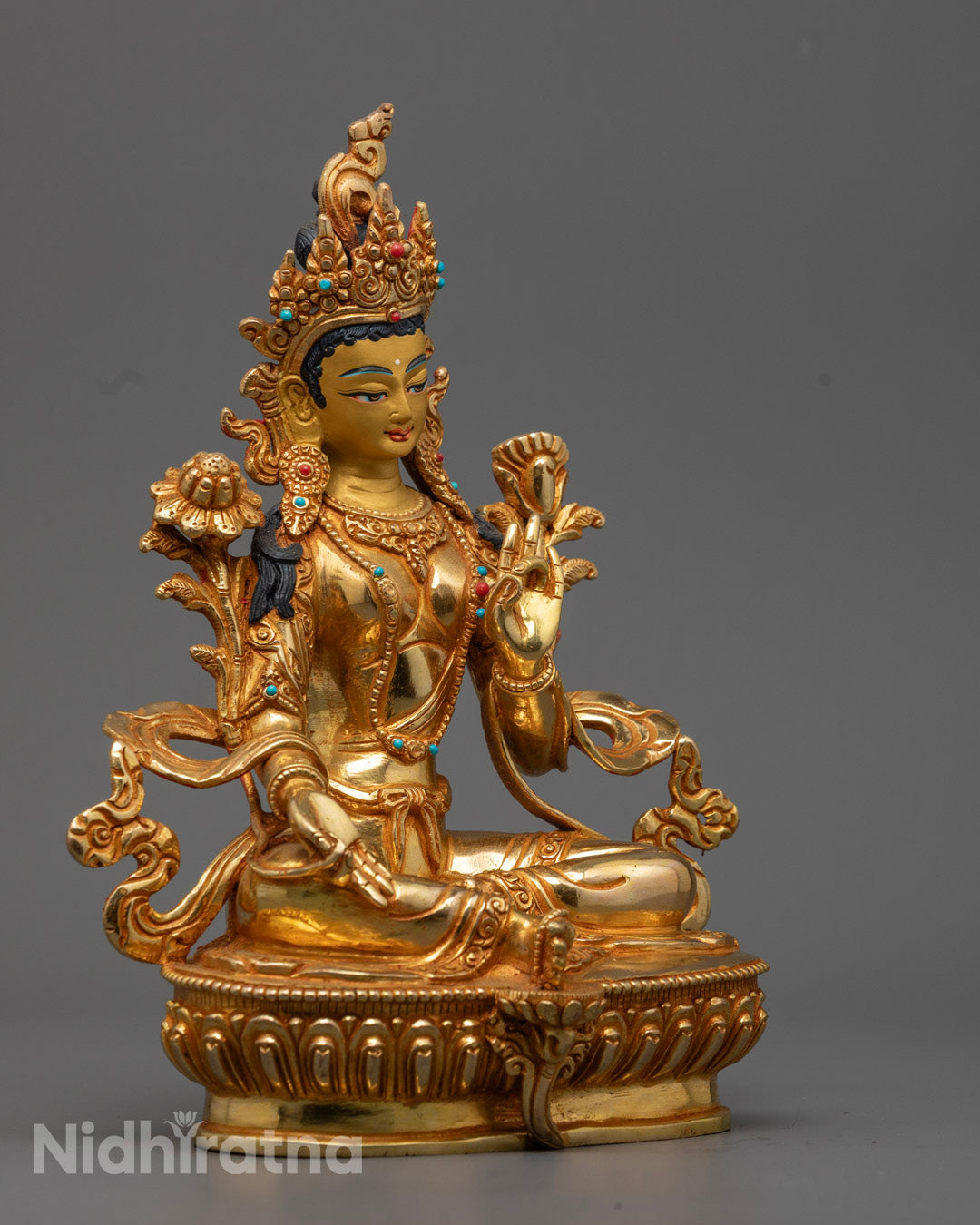 Handcrafted Green Tara Statue – 24K Gold-Gilded Tibetan Buddha with Semi-Precious Stones