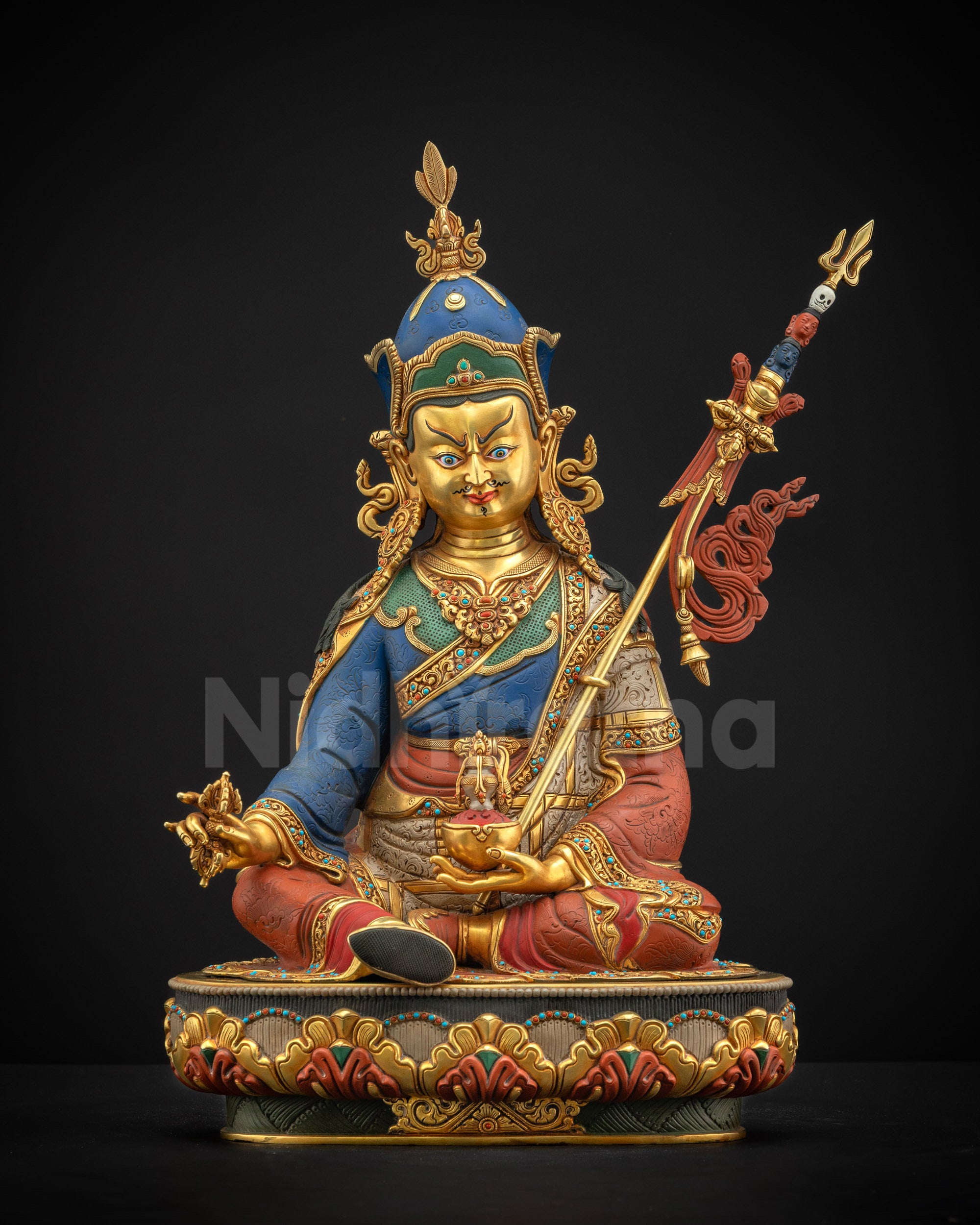 Front view of Guru Rinpoche statue, handcrafted copper with gold fire-gilding and lotus pedestal.
