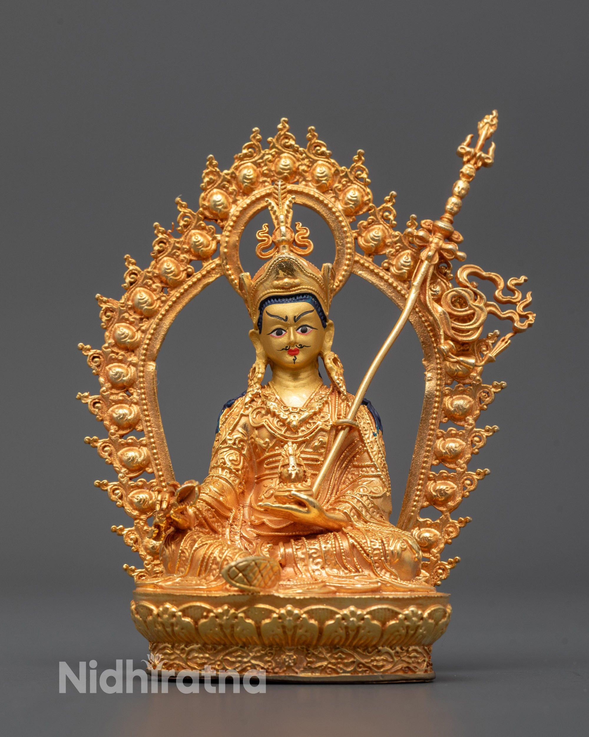 Handcrafted Guru Rinpoche Statue seated on lotus base with semi-wrathful expression
